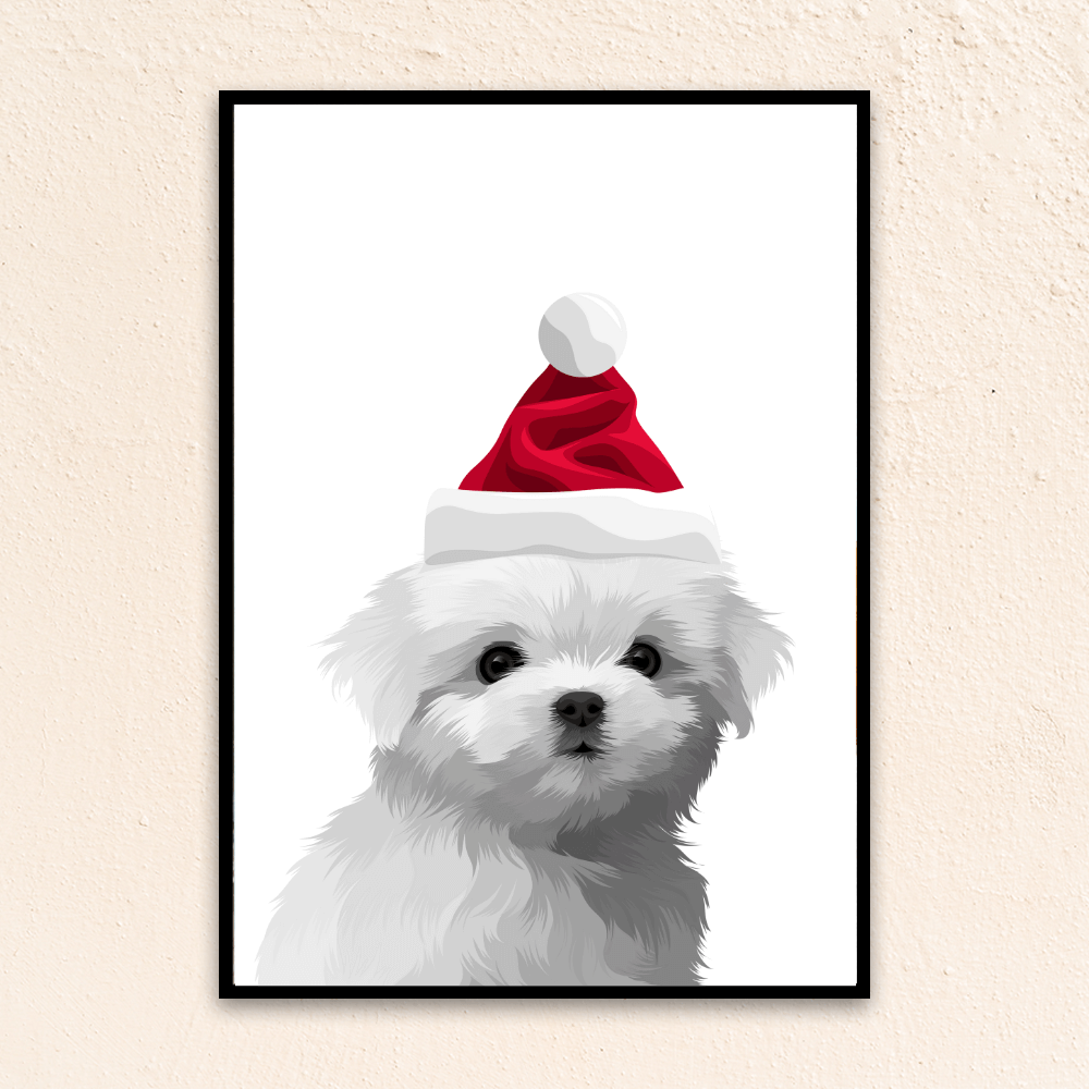 Christmas holiday custom pet portrait. Maltese puppy wearing a Santa Claus hat.