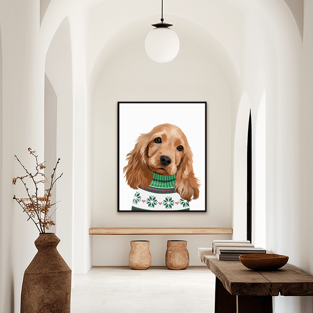 Christmas holiday custom pet portrait. English Cocker Spaniel wearing a green, white and red X-mas sweater.