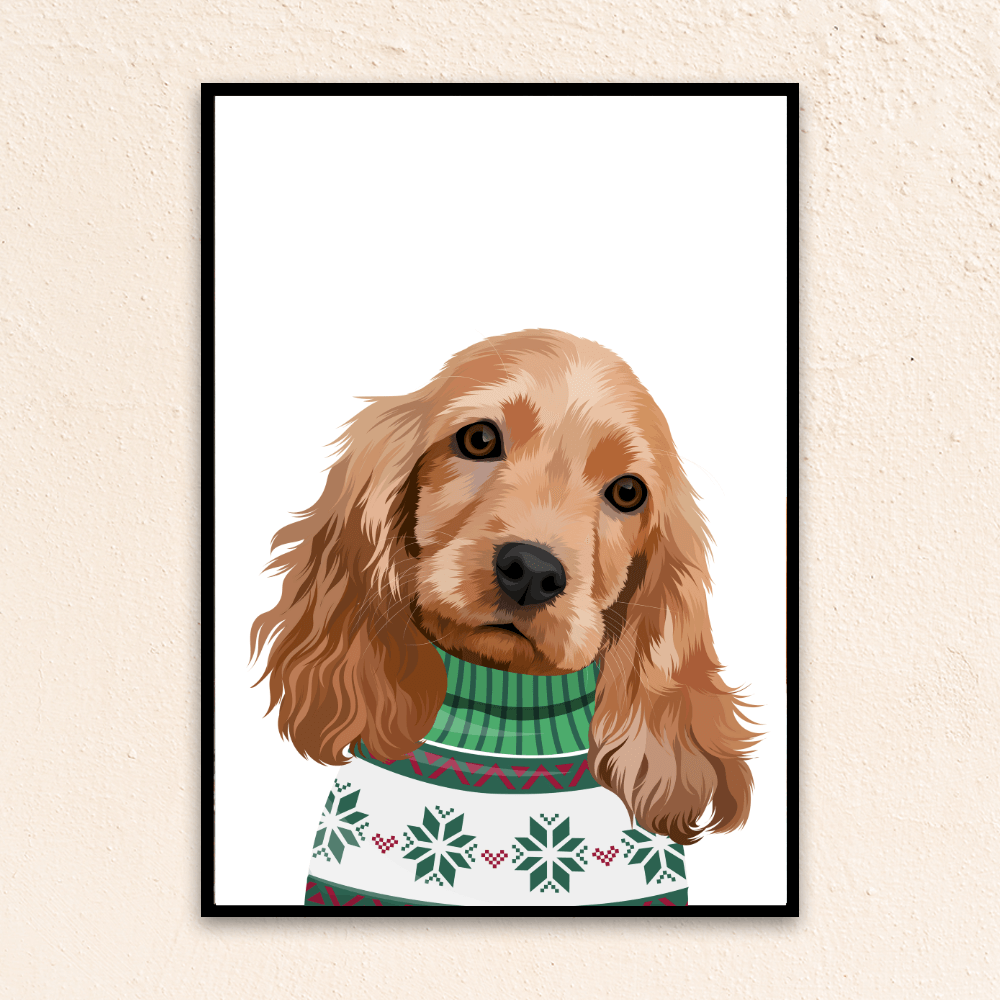 Christmas holiday custom pet portrait. English Cocker Spaniel wearing a green, white and red X-mas sweater.