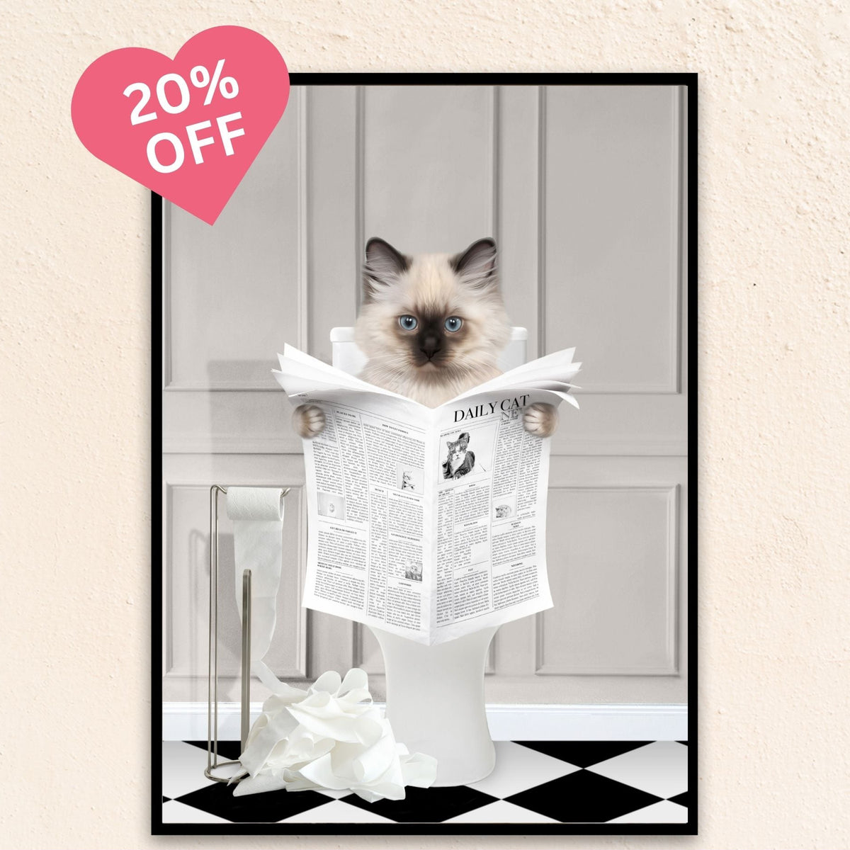 Custom cat bathroom art featuring a portrait of a cat sitting on a toilet holding a newspaper, surrounded by scattered toilet paper on a black and white tiled floor, set against a gray background.