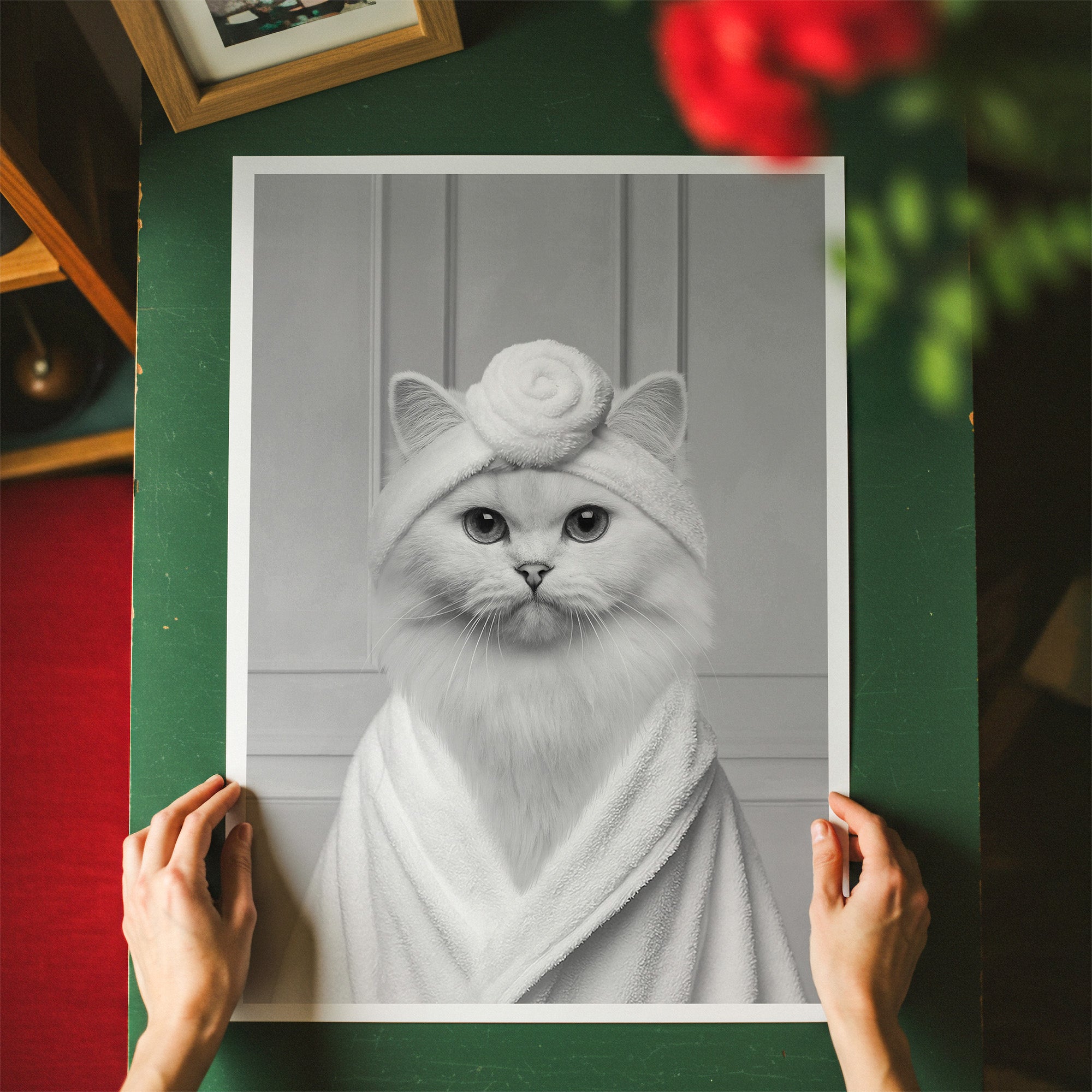 Custom Bathroom Cat Portrait | Black & White Robe and Head Towel