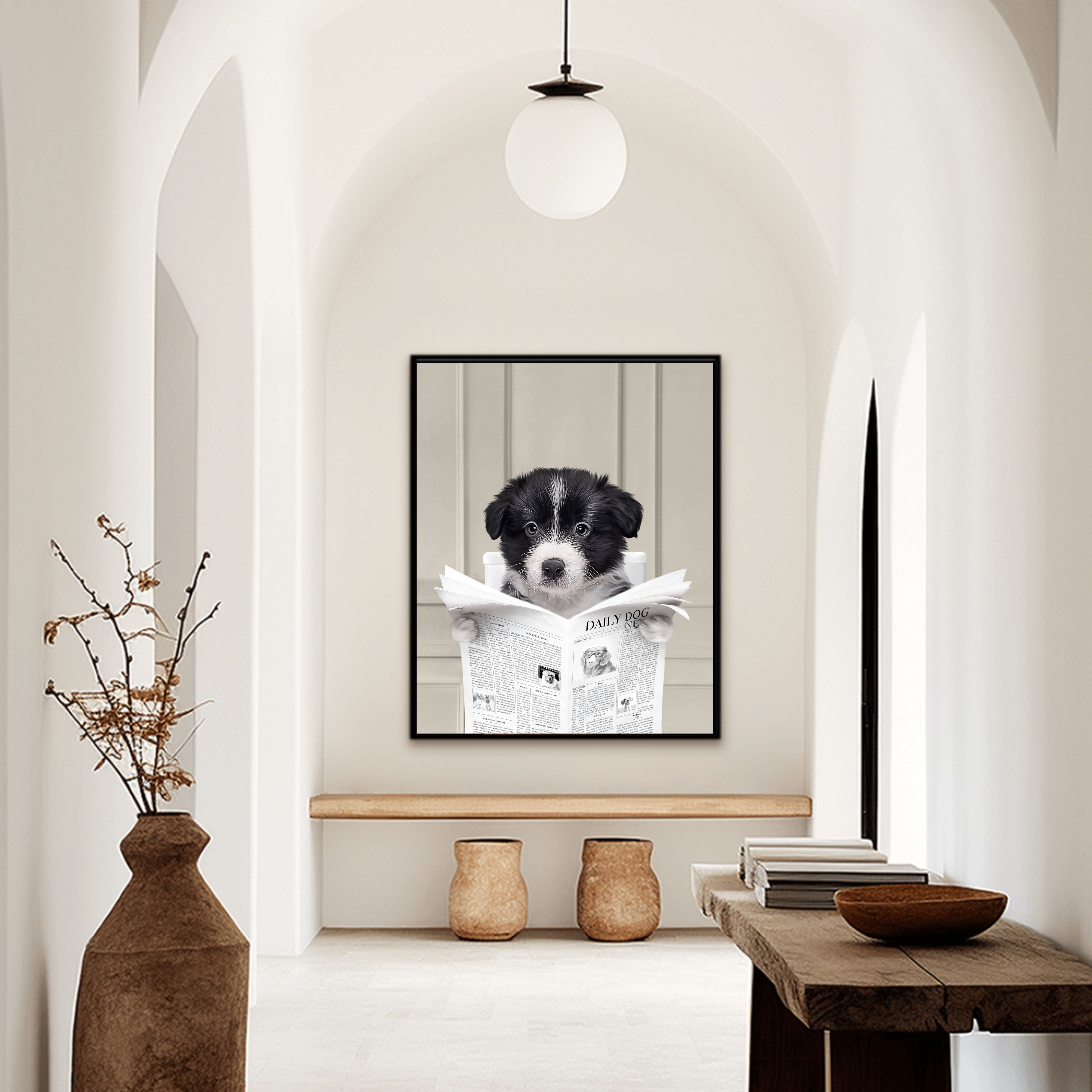 Custom Funny Dog Portrait | Close Up Reading A Newspaper - Gray