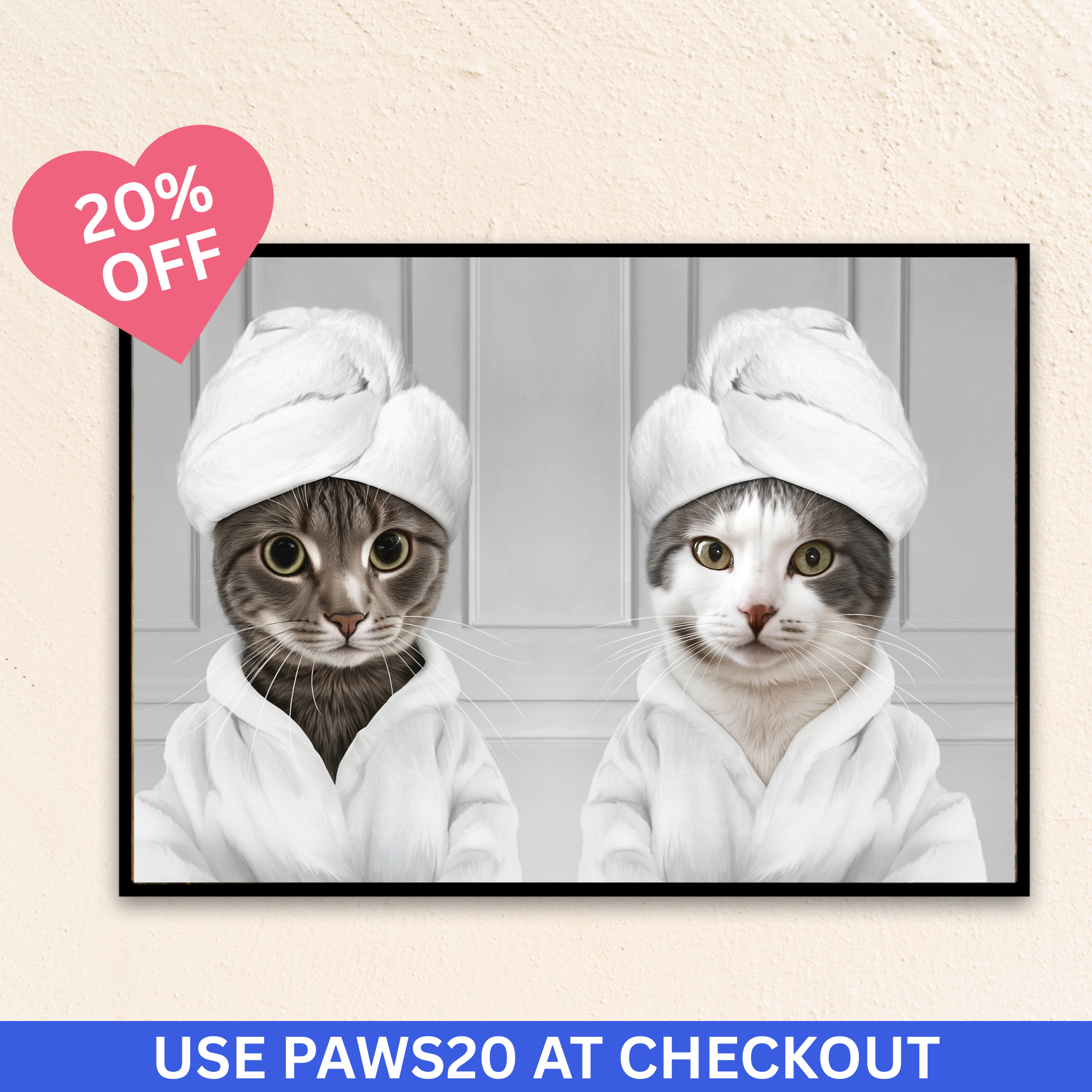 A custom bathroom pet portrait of two cats in bathrobes with towel turbans on a gray background.

