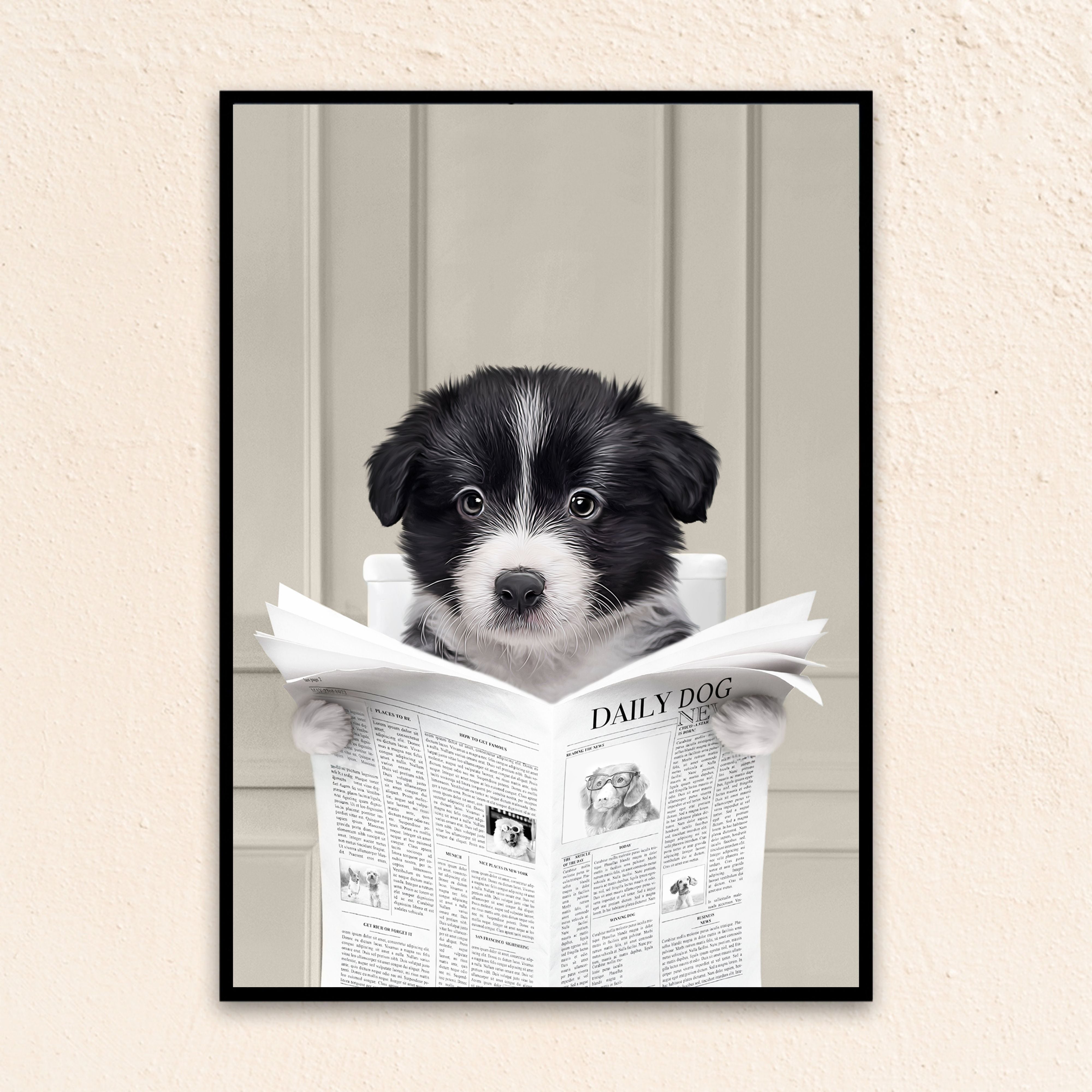 Custom Bathroom Pet Portrait | Close Up Reading A Newspaper - Gray