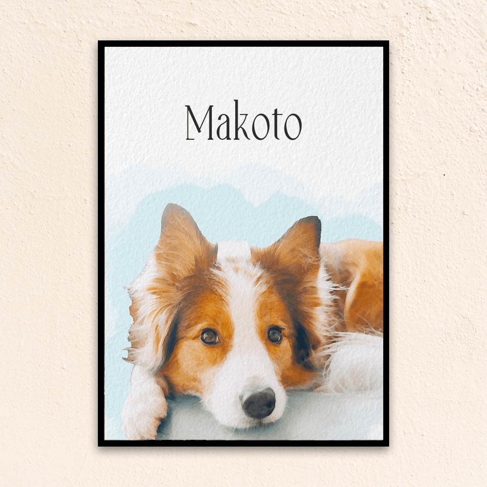 Custom watercolor pet portrait. Collie with the pet's name above the pet.