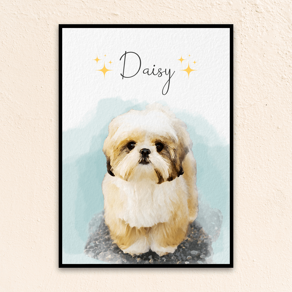 Custom watercolor pet portrait. Shih Tzu with the pet's name above the pet. Stars on both sides of the pet's name.