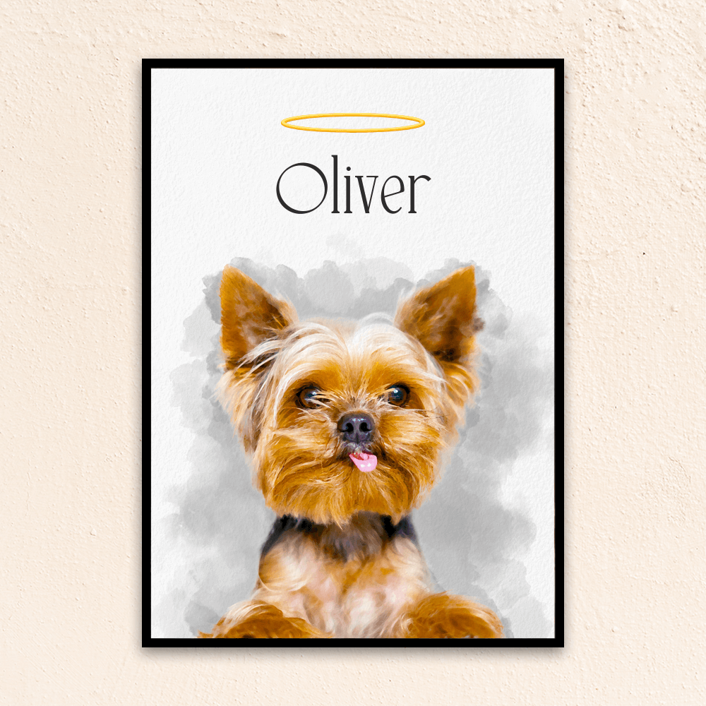 Custom watercolor pet portrait. Yorkie with the pet's name above the pet and a halo above the pet's name.