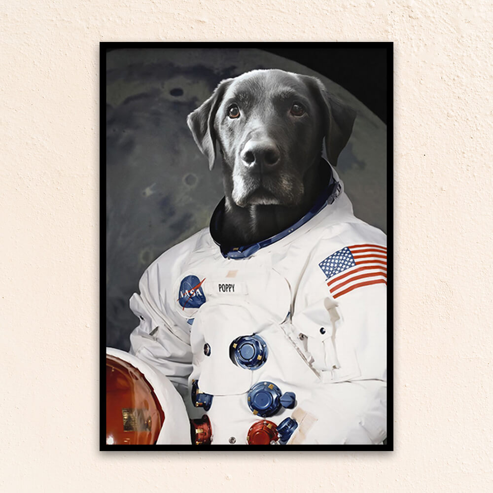 Custom pet portrait wall art. Labrador Retriever dog wearing an astronaut suit.