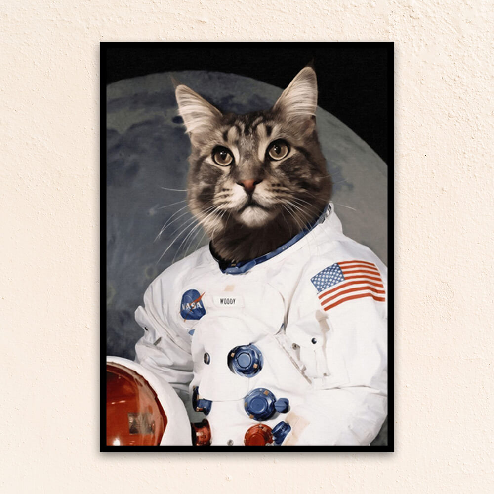 Custom pet portrait wall art. Gray tabby cat wearing an astronaut suit.