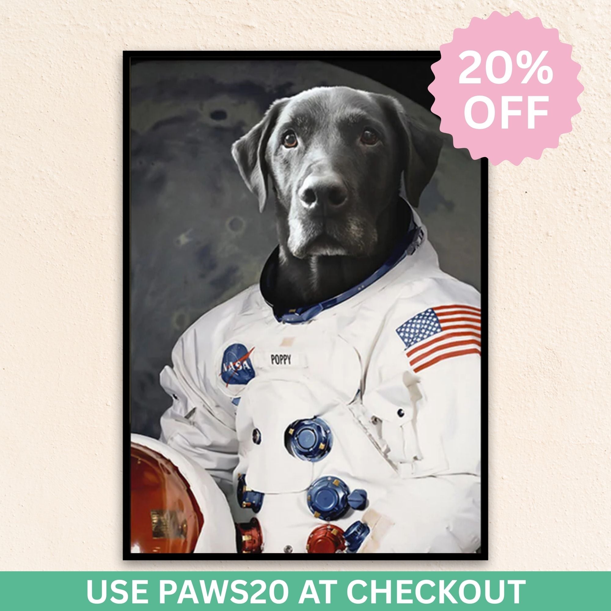 Custom pet portrait wall art. Labrador Retriever dog wearing an astronaut suit.