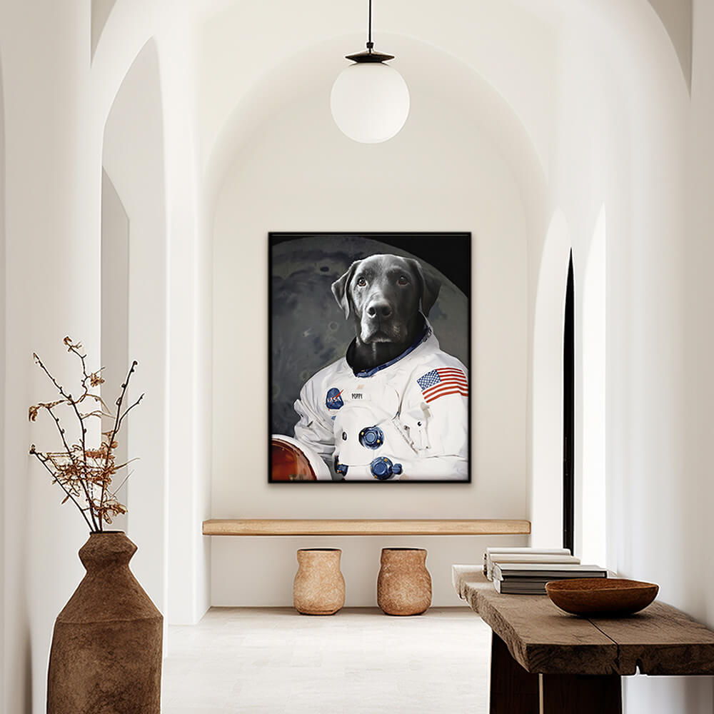 Custom pet portrait hallway wall art. Labrador Retriever dog wearing an astronaut suit.