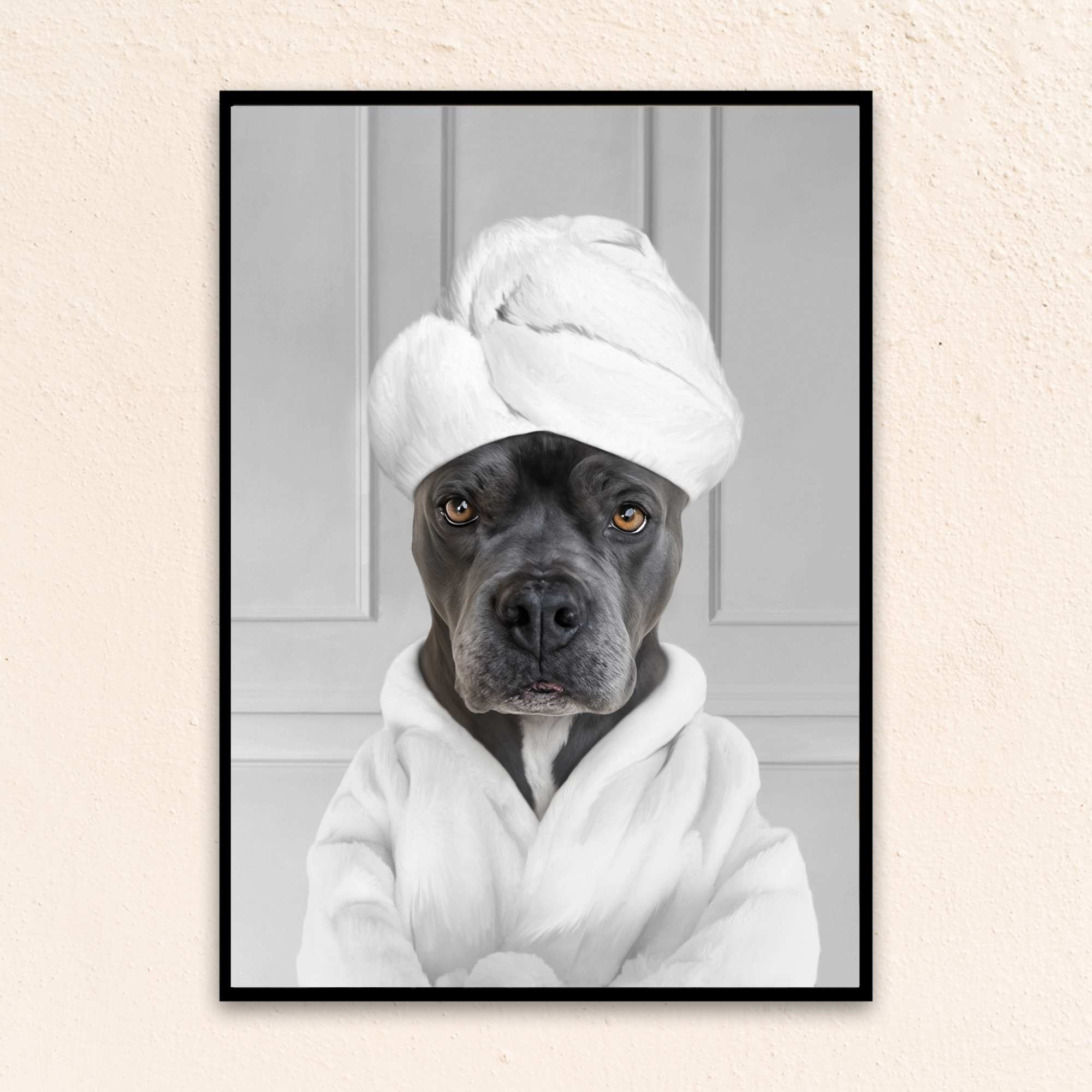 Custom Bathroom Art Dog Portrait I Wearing A Bathrobe - Gray
