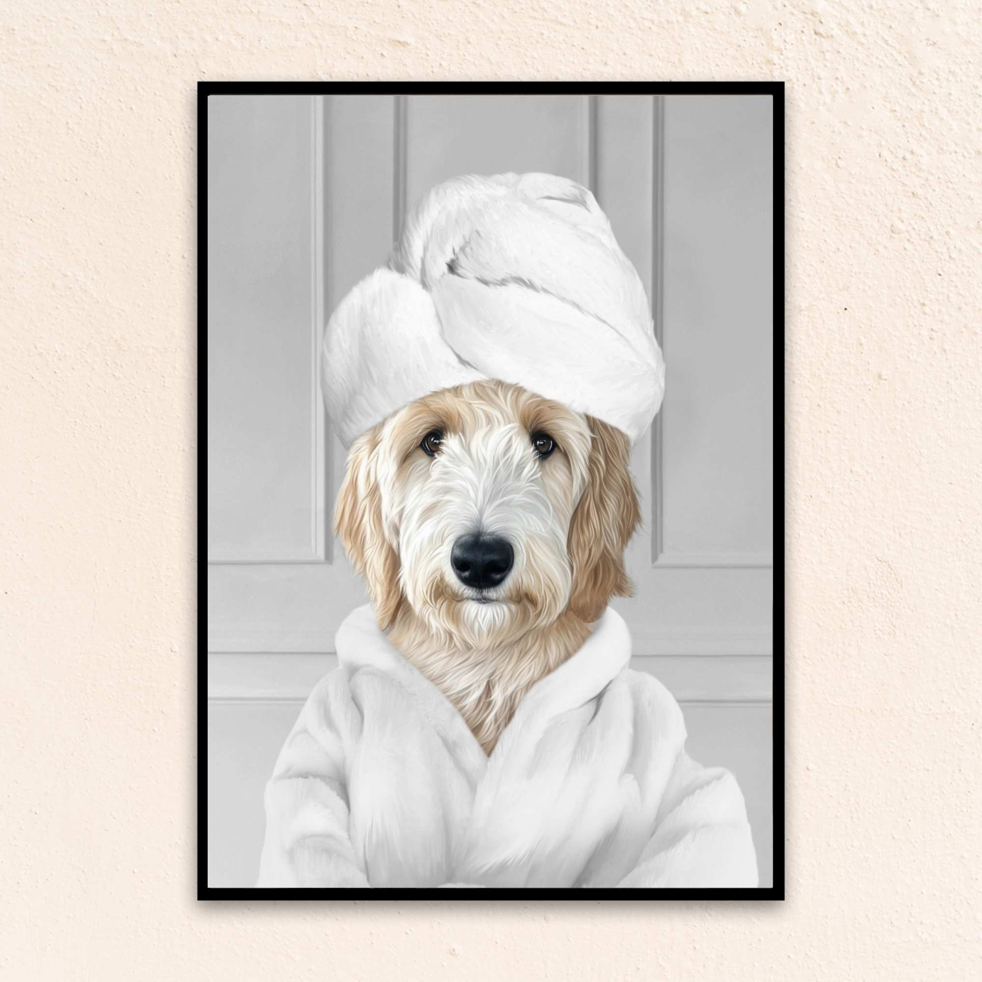 Custom Bathroom Art Dog Portrait I Wearing A Bathrobe - Gray