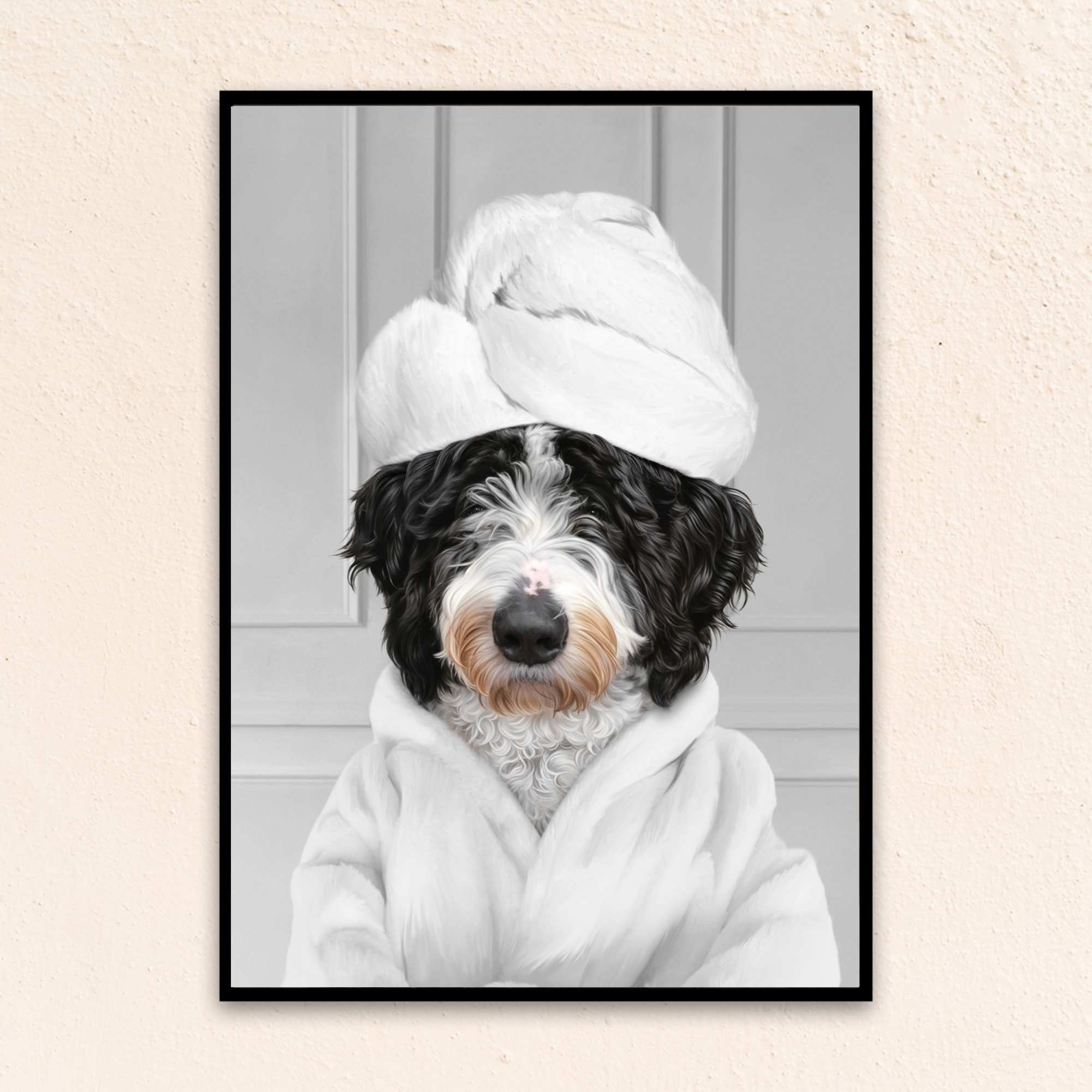 Custom Bathroom Art Dog Portrait I Wearing A Bathrobe - Gray