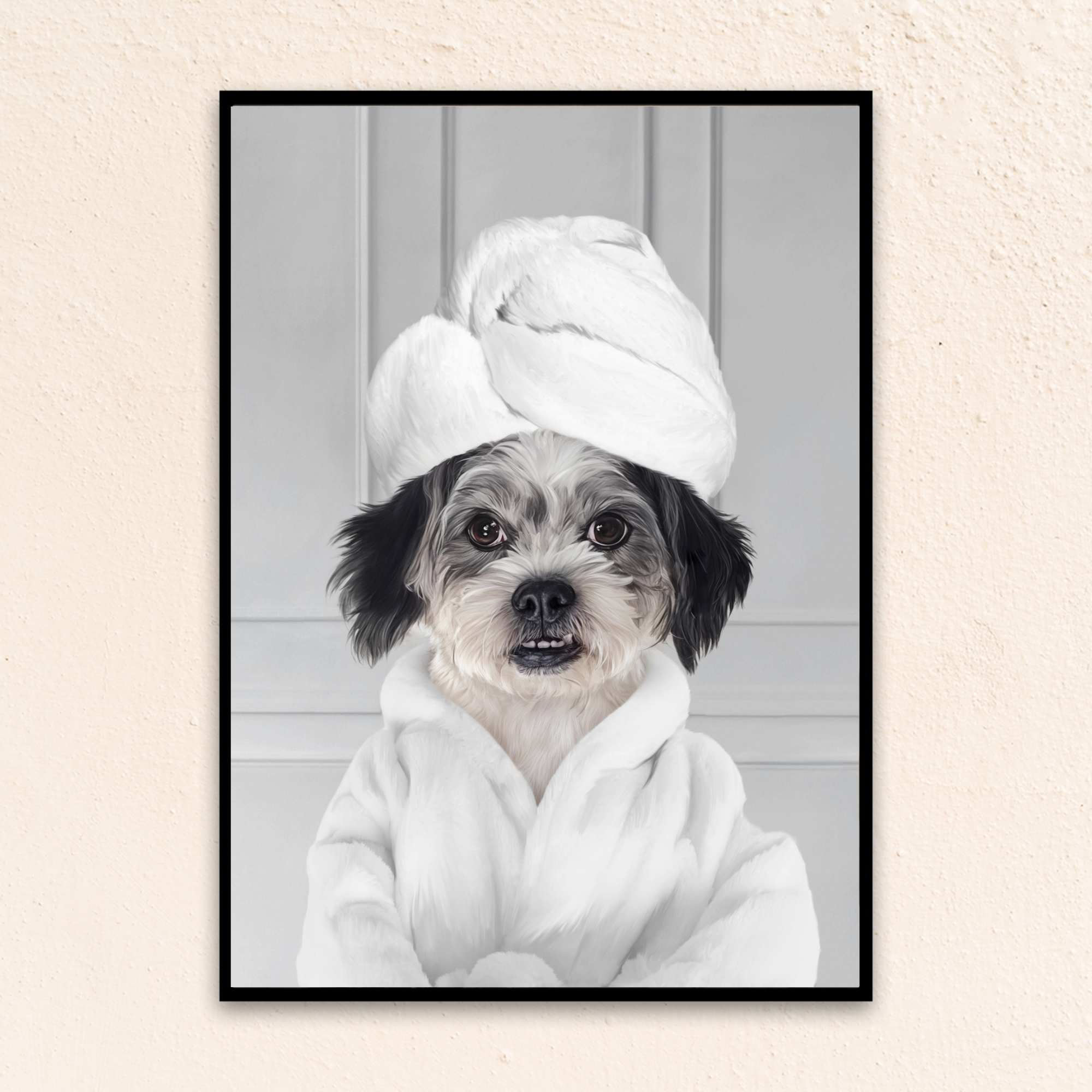 Custom Bathroom Art Dog Portrait I Wearing A Bathrobe - Gray