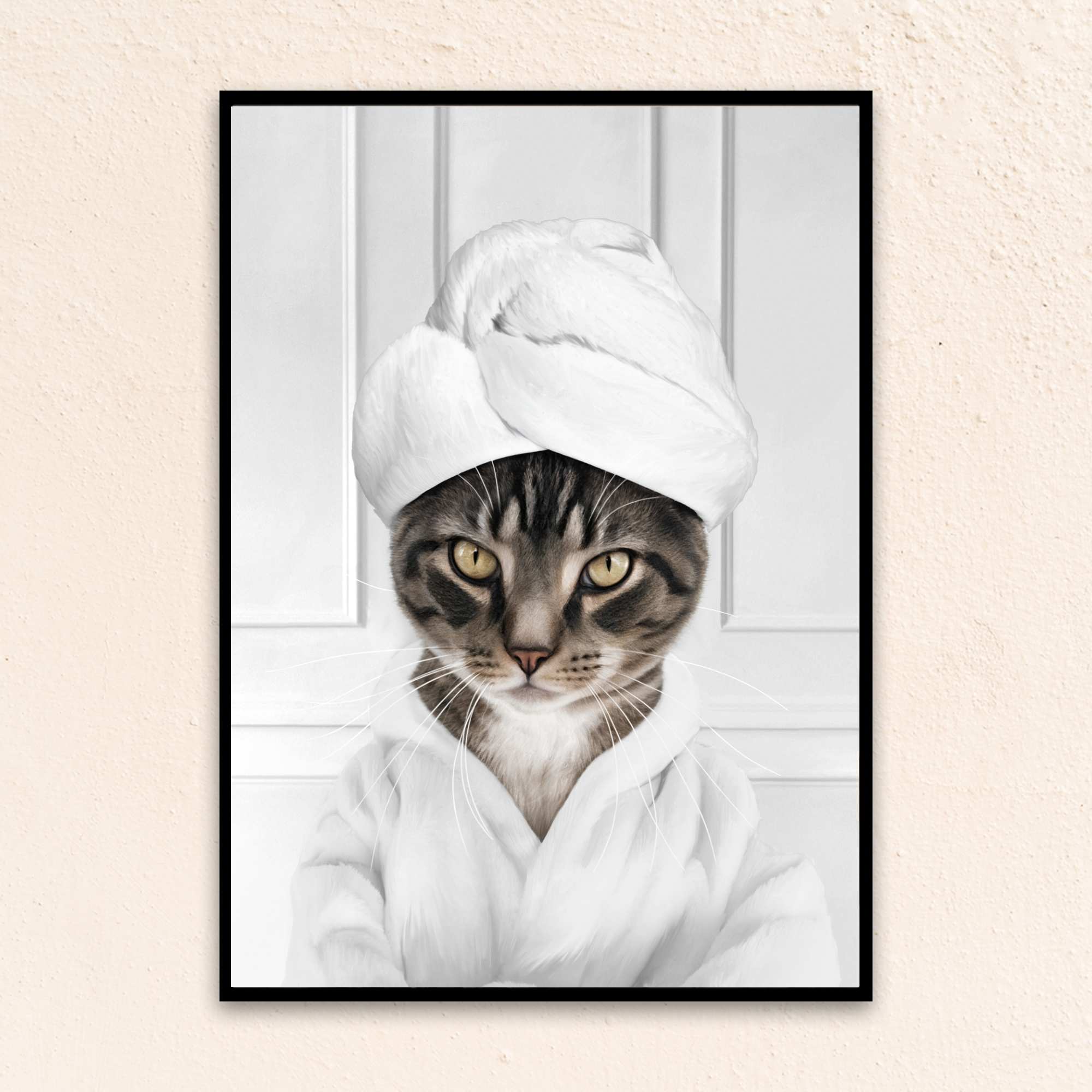 Custom Funny Art Cat Portrait | Wearing A Bathrobe - White