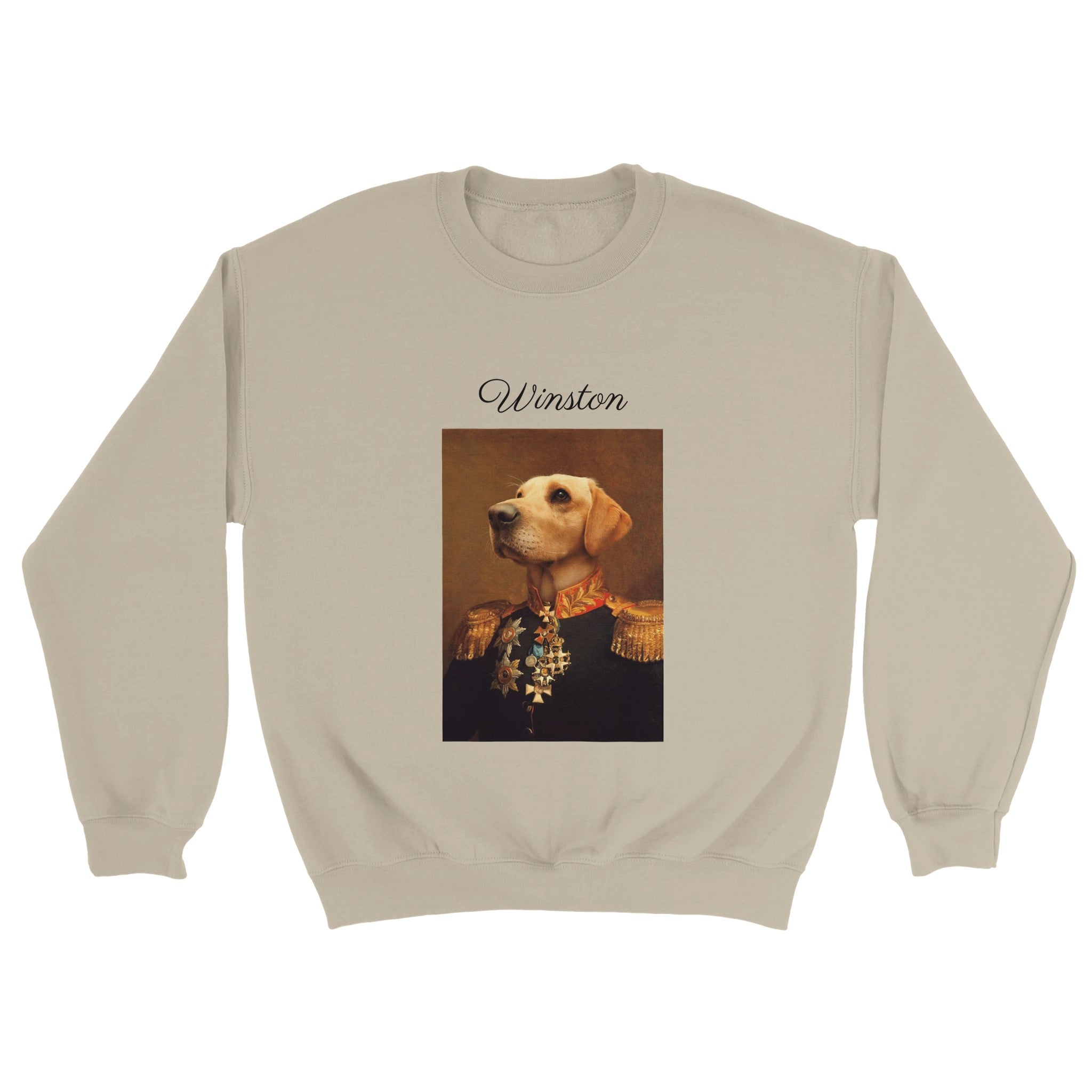 Custom military pet portrait beige sweatshirt. Labrador Retriever dog wearing regal general suit, with red and gold collar and medals. With pet's name above image.