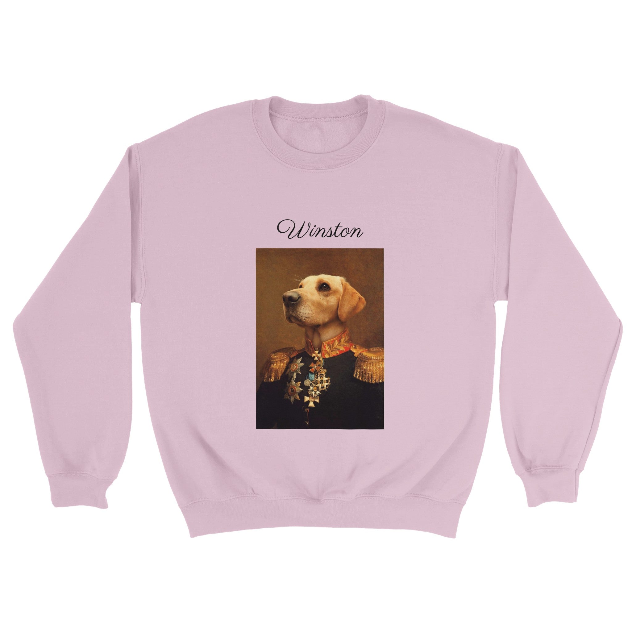 Custom military pet portrait pink sweatshirt. Labrador Retriever dog wearing regal general suit, with red and gold collar and medals. With pet's name above image.