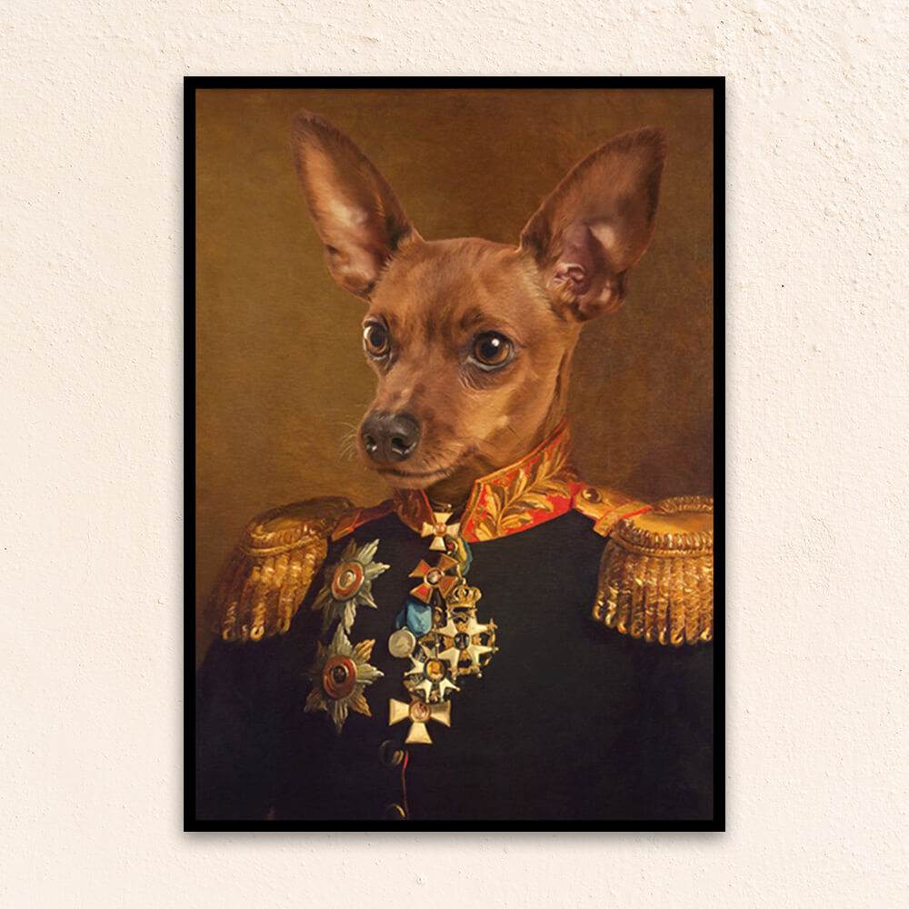 Custom military pet portrait hallway wall art. Chihuahua dog wearing regal general suit, with  red and gold collar and medals. 