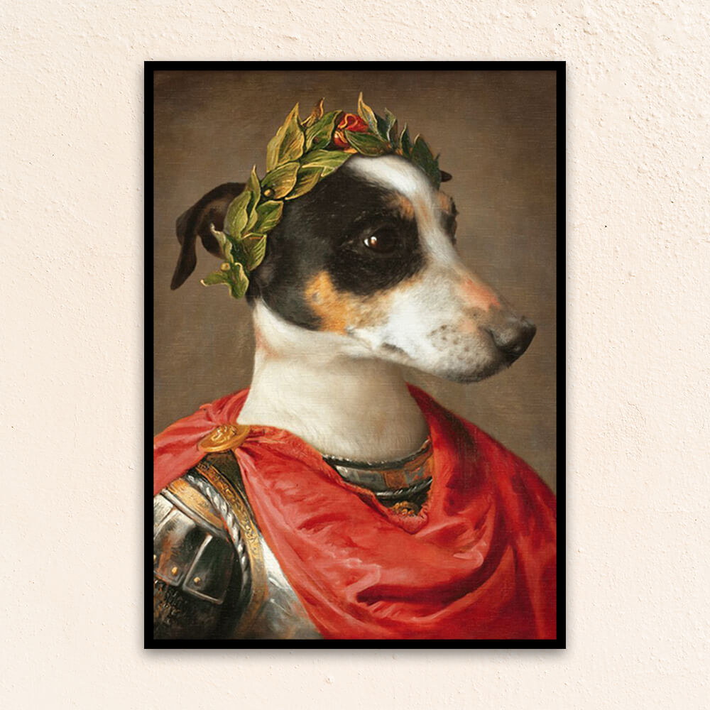 Custom royal pet portrait wall art. Dog wearing roman military attire with red cape and leaf crown. 