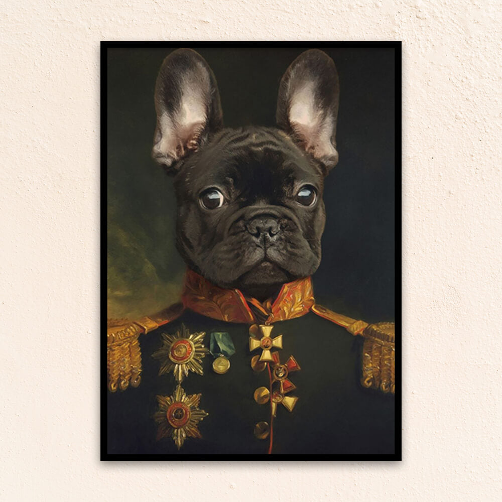 Custom military pet portrait wall art.  French Bull Dog wearing military costume with medals.