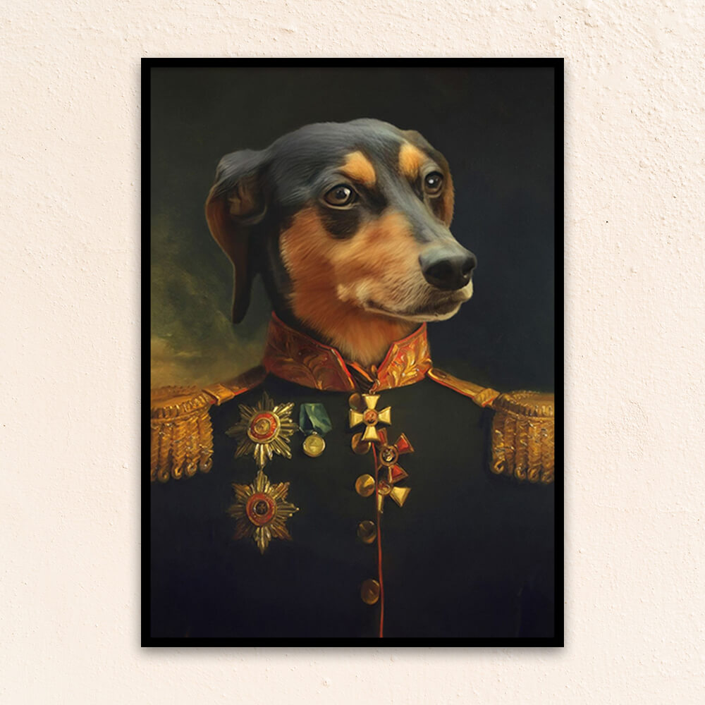 Custom military pet portrait wall art.  Dog wearing military costume with medals.