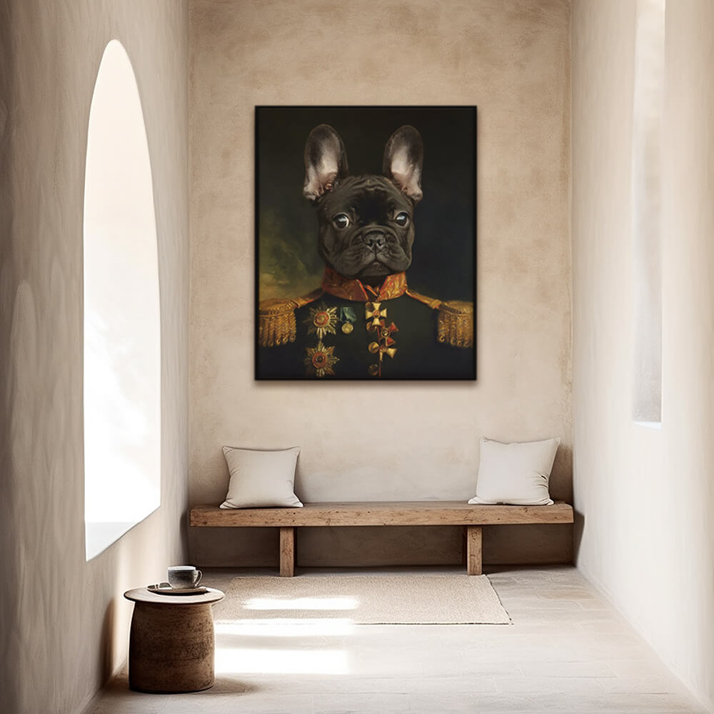 Custom military pet portrait hallway wall art. French Bull Dog wearing military costume with medals.