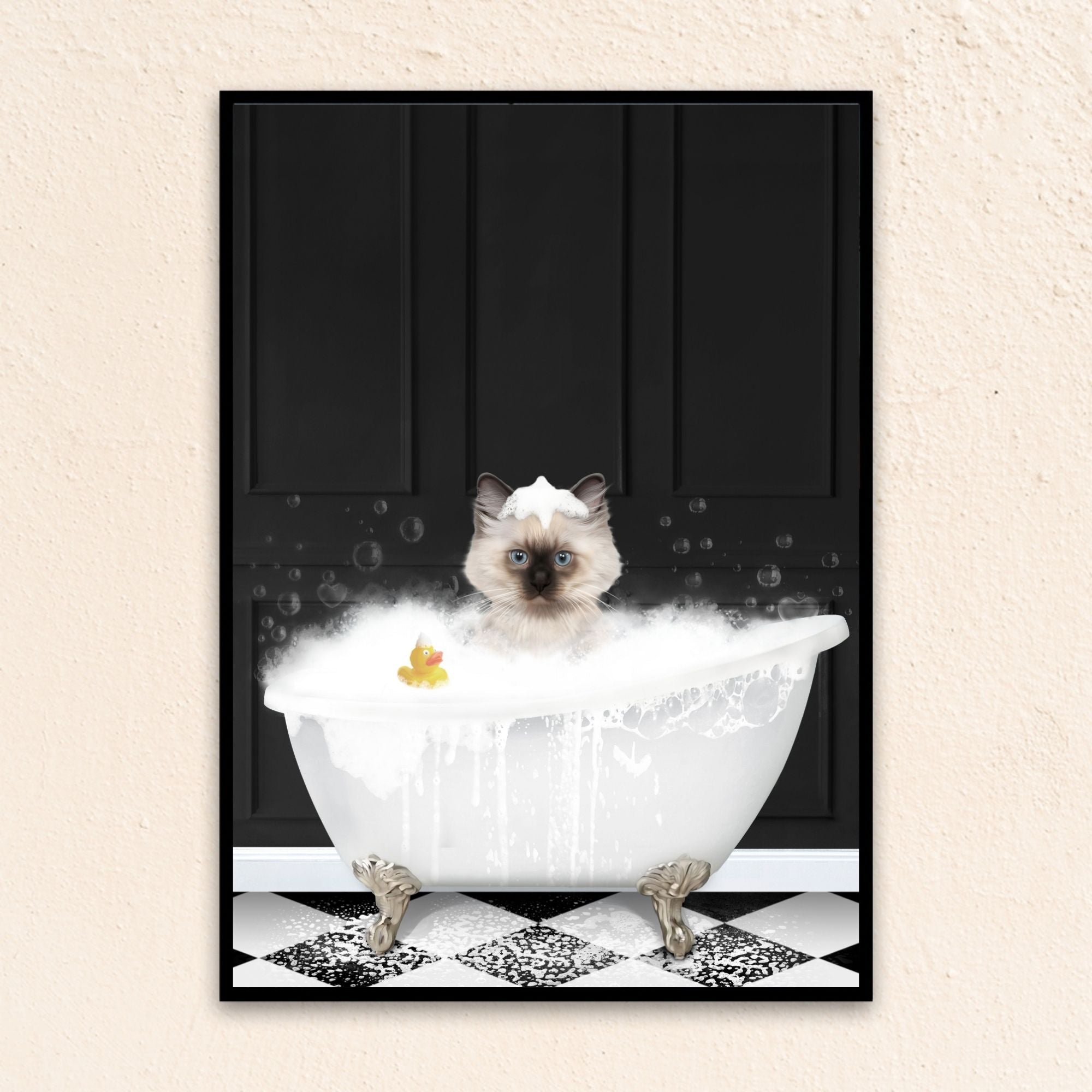 Custom bathroom cat portrait, Siamese kitten puppy in bath tub with rubber duckie and black and white checker tiled floor.