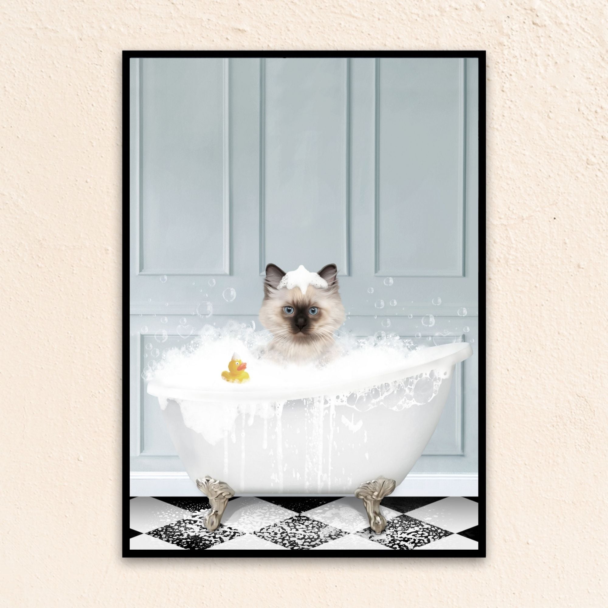 Custom bathroom cat portrait, Siamese kitten puppy in bath tub with rubber duckie and black and white checker tiled floor.