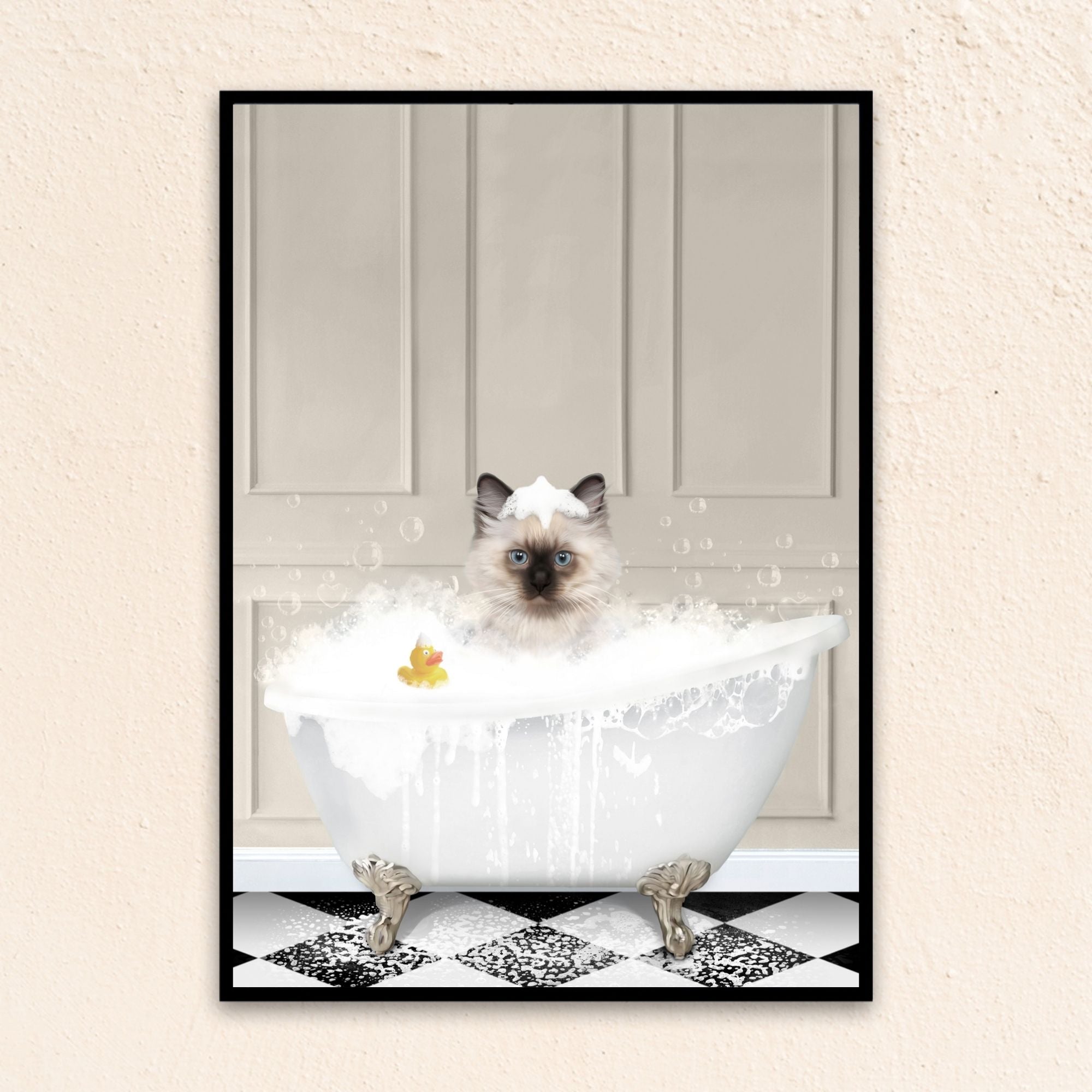 Custom bathroom cat portrait, Siamese kitten puppy in bath tub with rubber duckie and black and white checker tiled floor.
