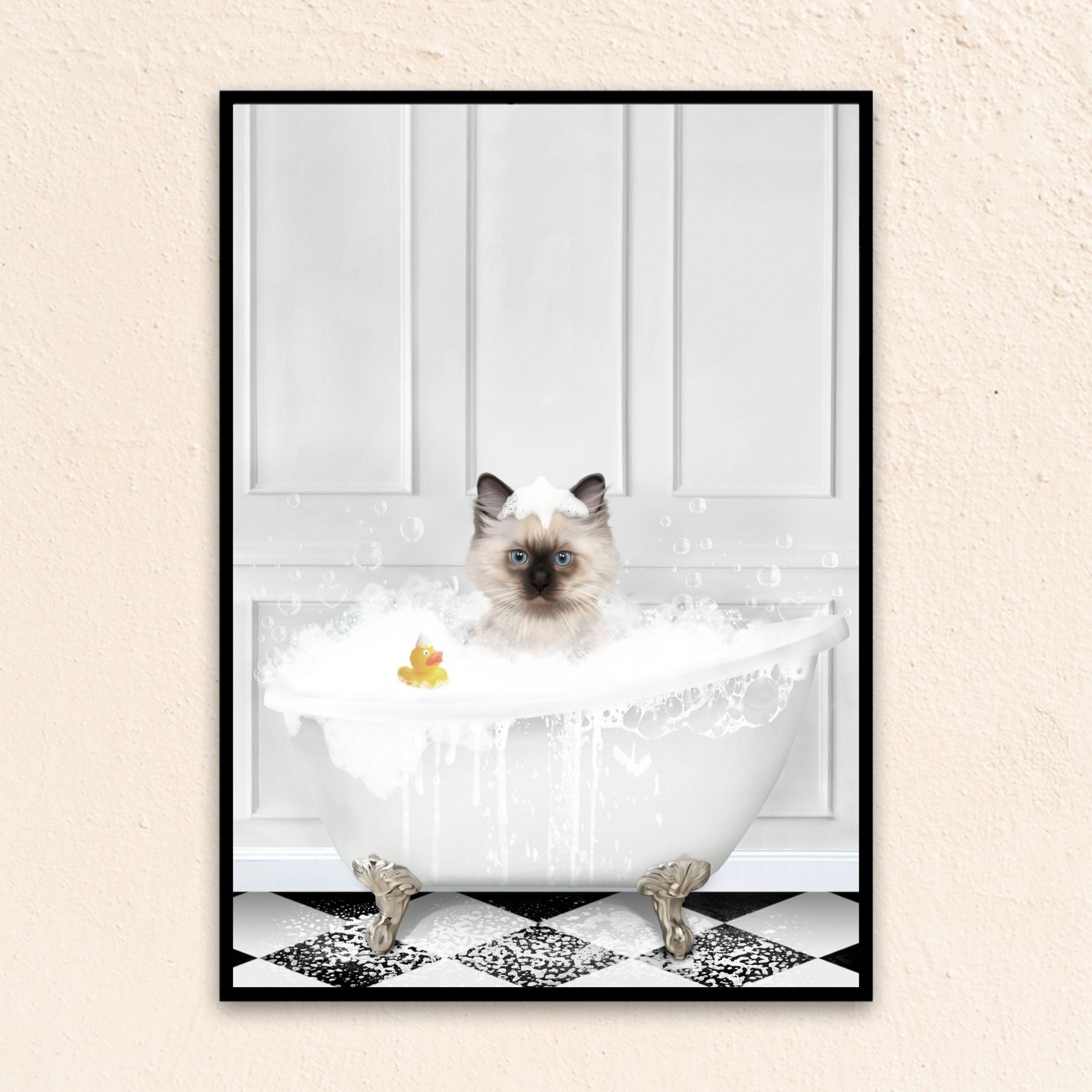 Custom bathroom cat portrait, Siamese kitten puppy in bath tub with rubber duckie and black and white checker tiled floor.