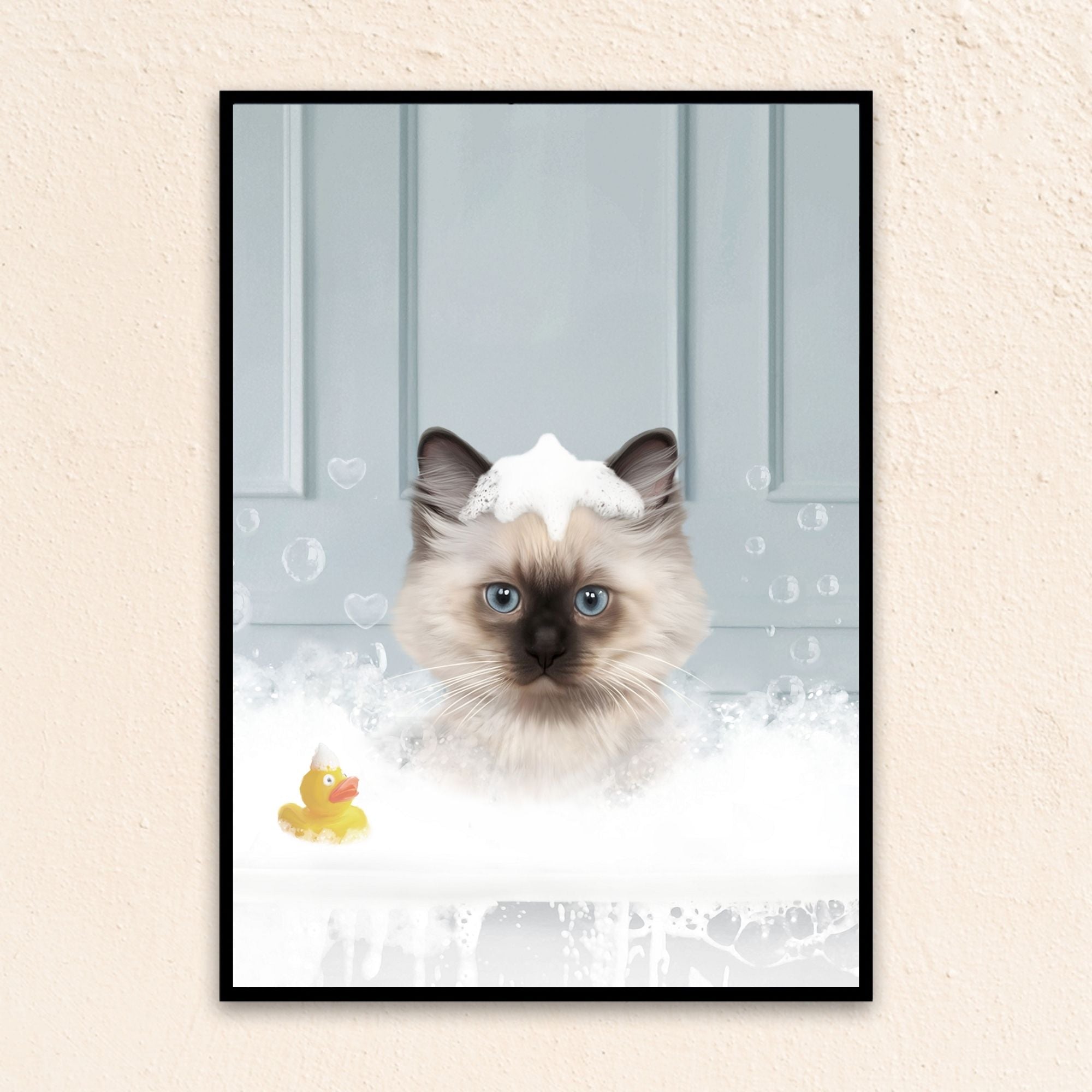 Custom bathroom cat portrait, Siamese kitten puppy in bath tub with rubber duckie and black and white checker tiled floor.