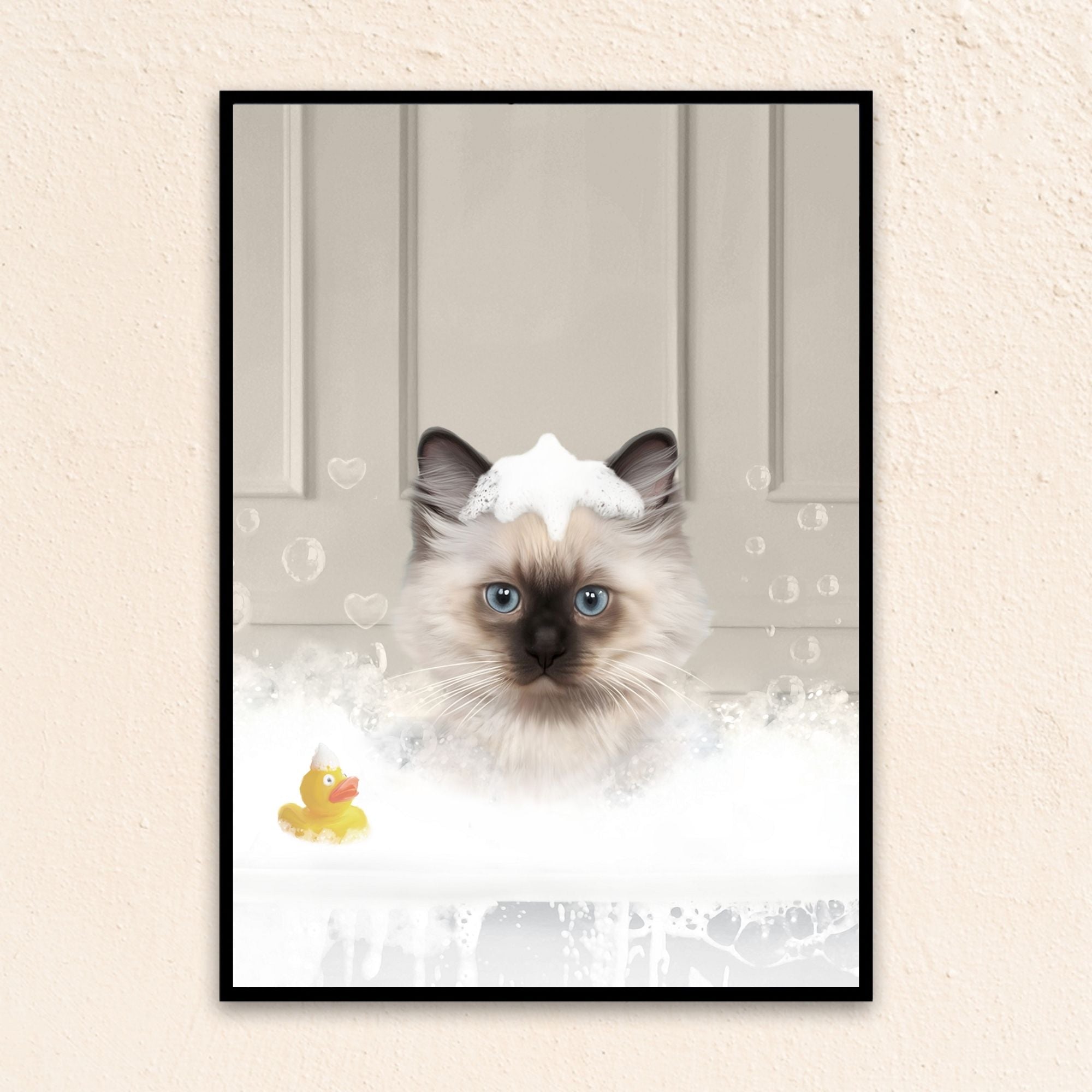 Custom bathroom cat portrait, Siamese kitten puppy in bath tub with rubber duckie and black and white checker tiled floor.