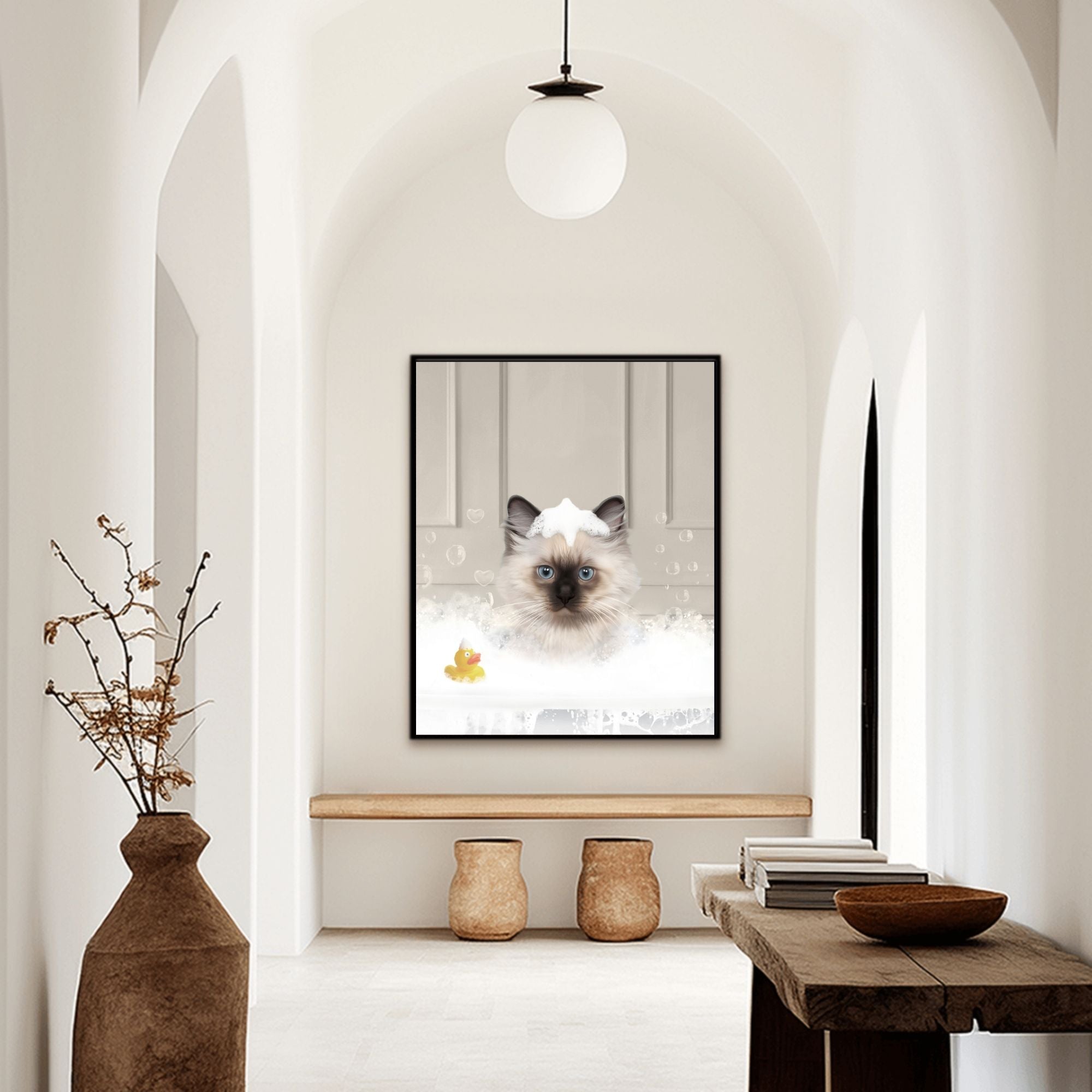 Custom bathroom cat hallway portrait, Siamese kitten puppy in bath tub with rubber duckie and black and white checker tiled floor.
