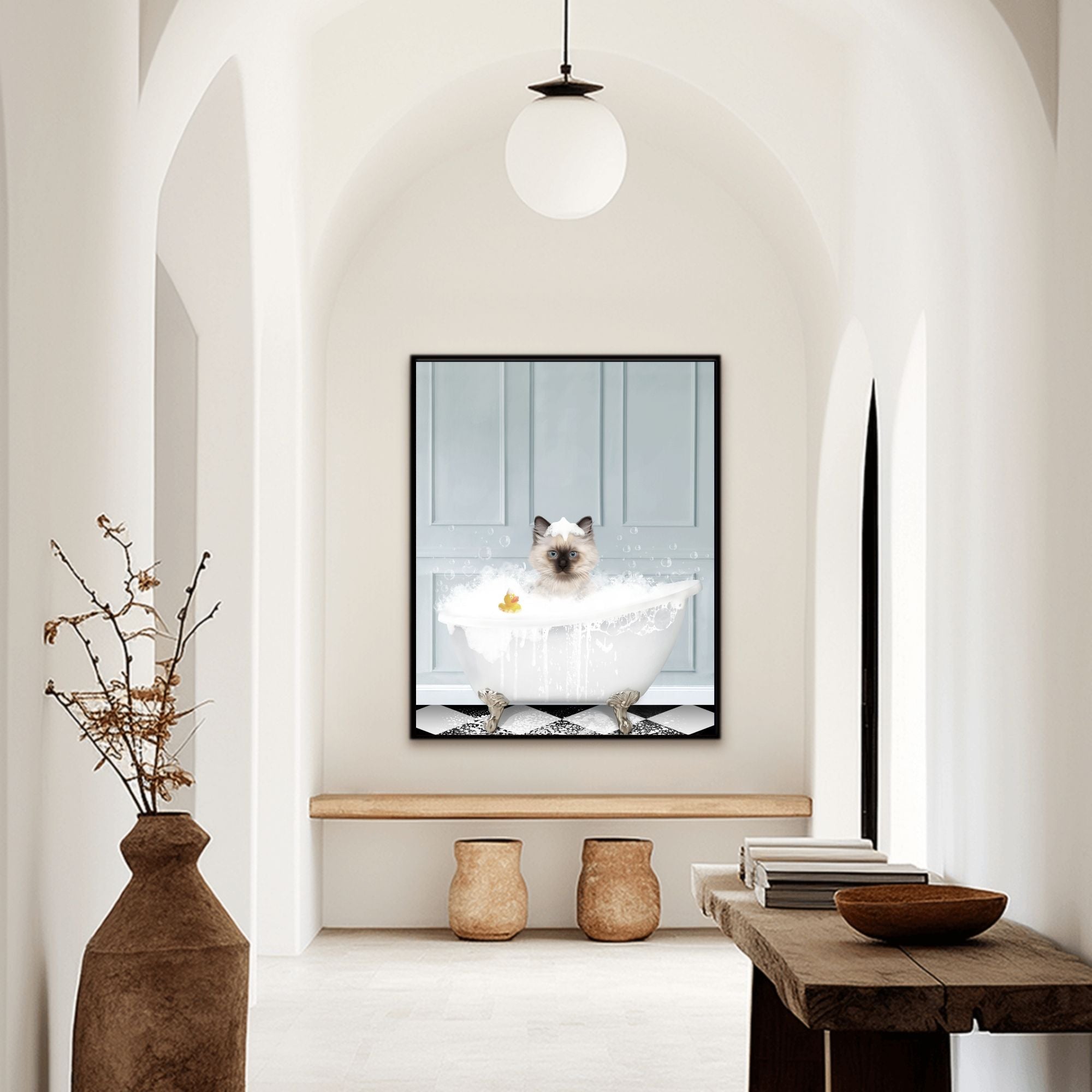 Custom bathroom cat hallway portrait, Siamese kitten puppy in bath tub with rubber duckie and black and white checker tiled floor.