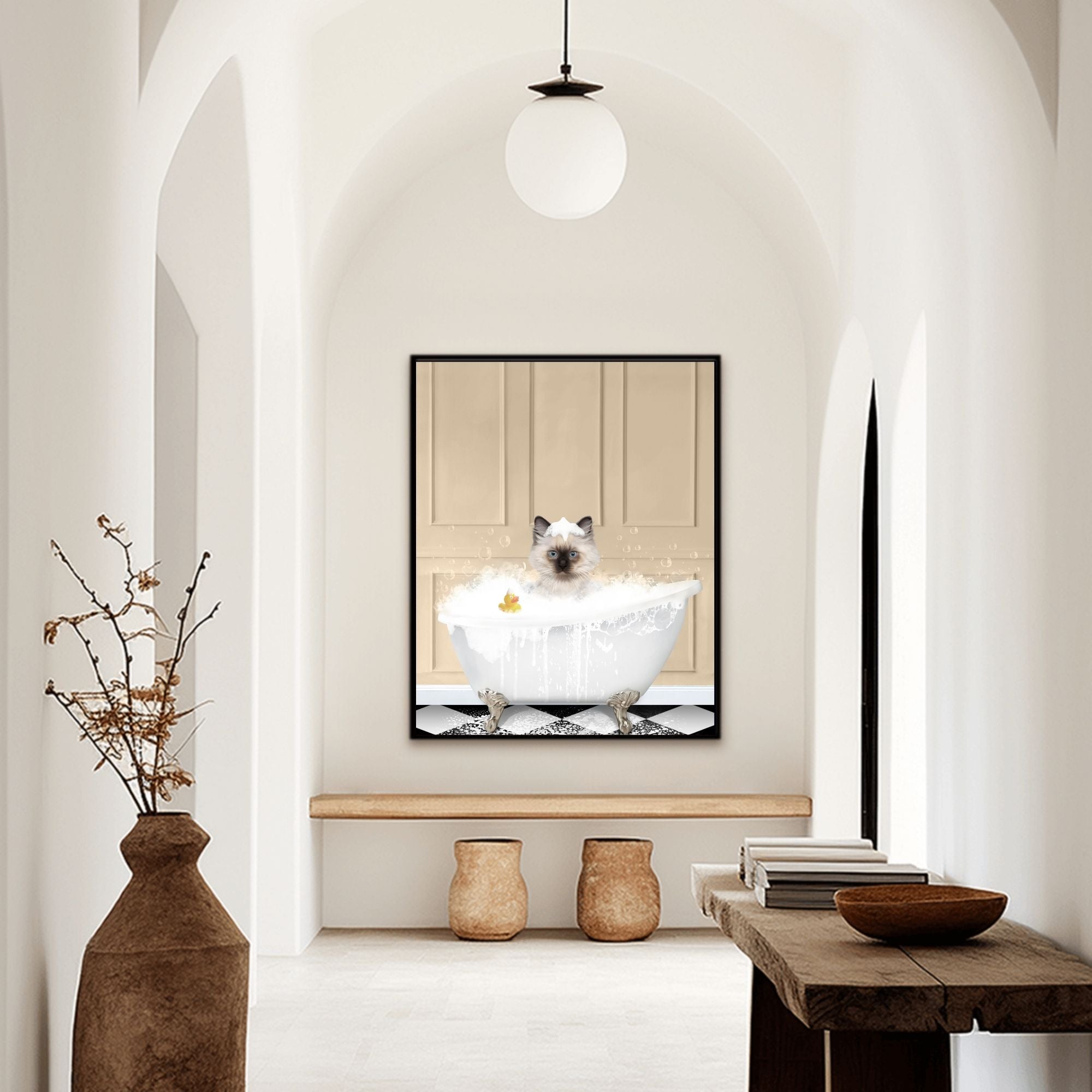Custom bathroom cat hallway portrait, Siamese kitten puppy in bath tub with rubber duckie and black and white checker tiled floor.
