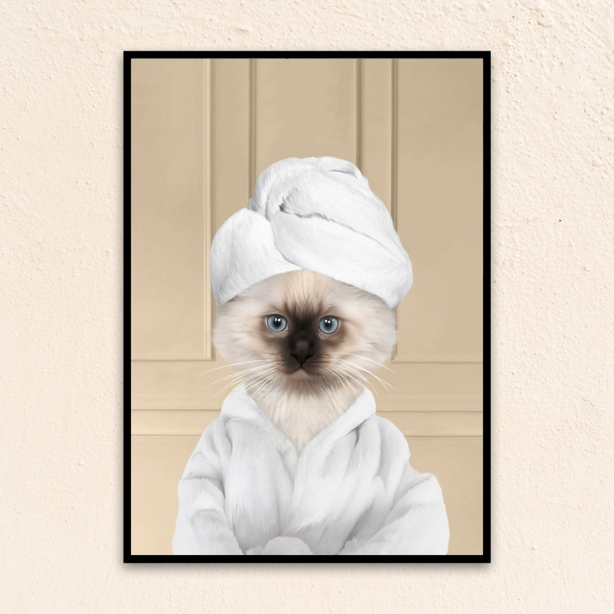 Custom bathroom cat  portrait, Siamese kitten puppy in bathrobe and towel at spa.