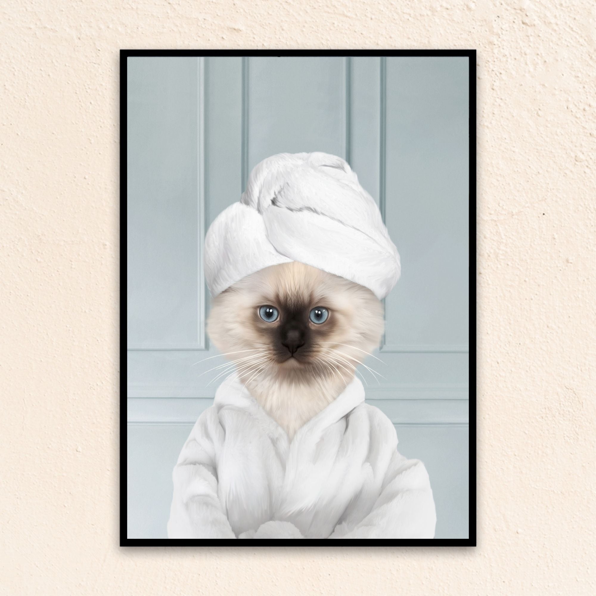 Custom bathroom cat  portrait, Siamese kitten puppy in bathrobe and towel at spa.