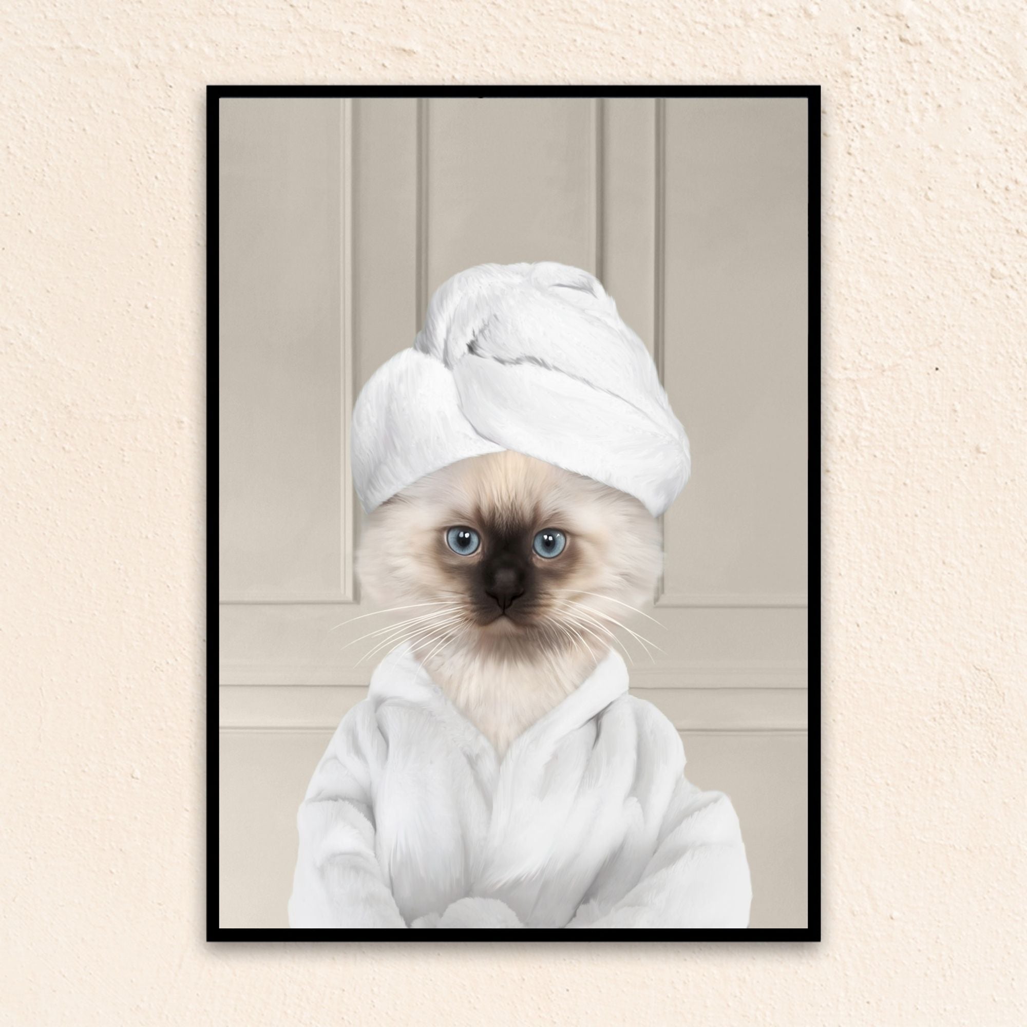 Custom bathroom cat  portrait, Siamese kitten puppy in bathrobe and towel at spa.