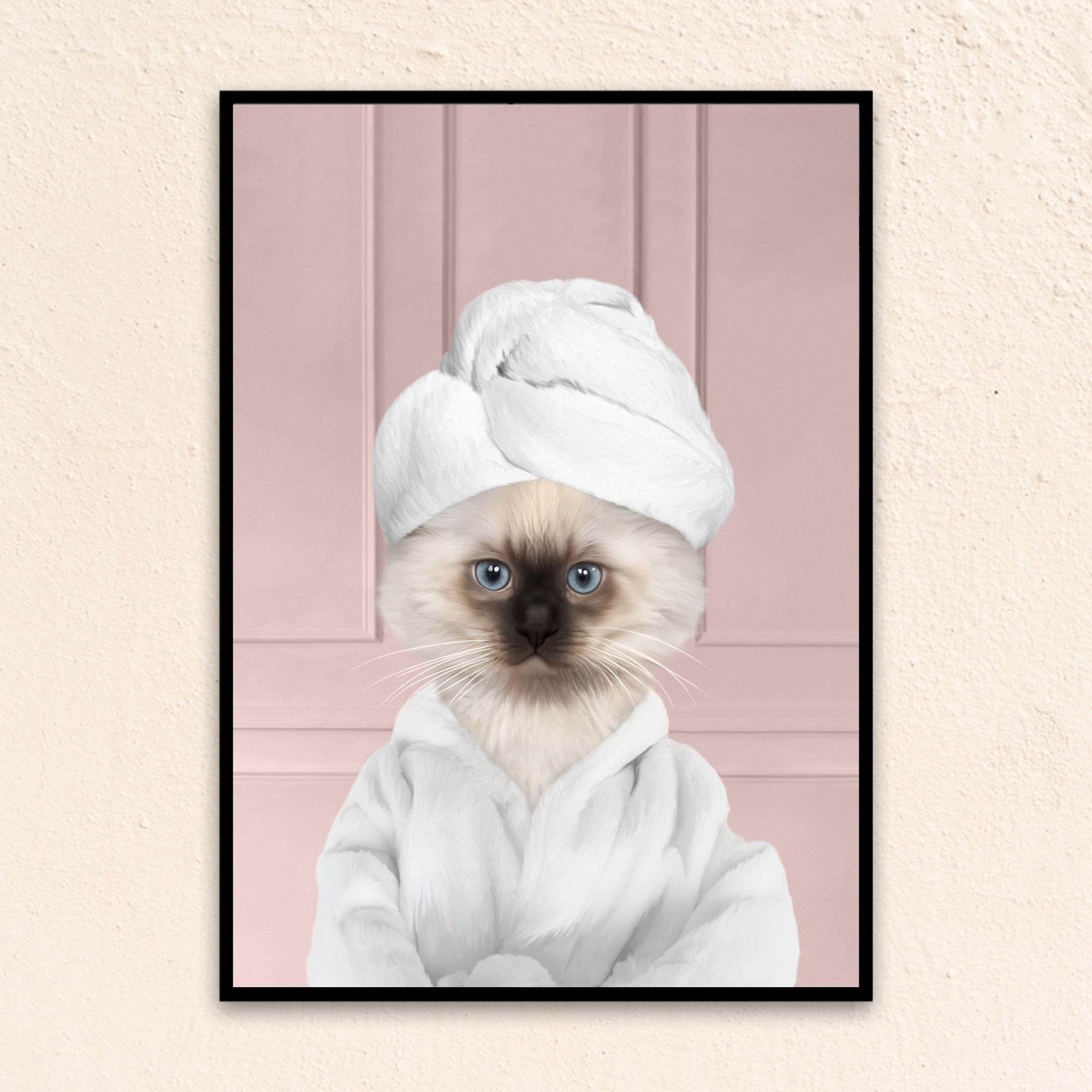 Custom bathroom cat  portrait, Siamese kitten puppy in bathrobe and towel at spa.