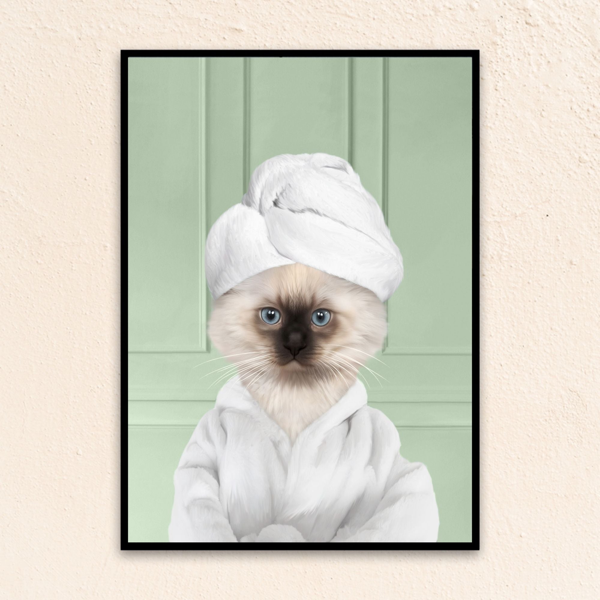 Custom bathroom cat  portrait, Siamese kitten puppy in bathrobe and towel at spa.