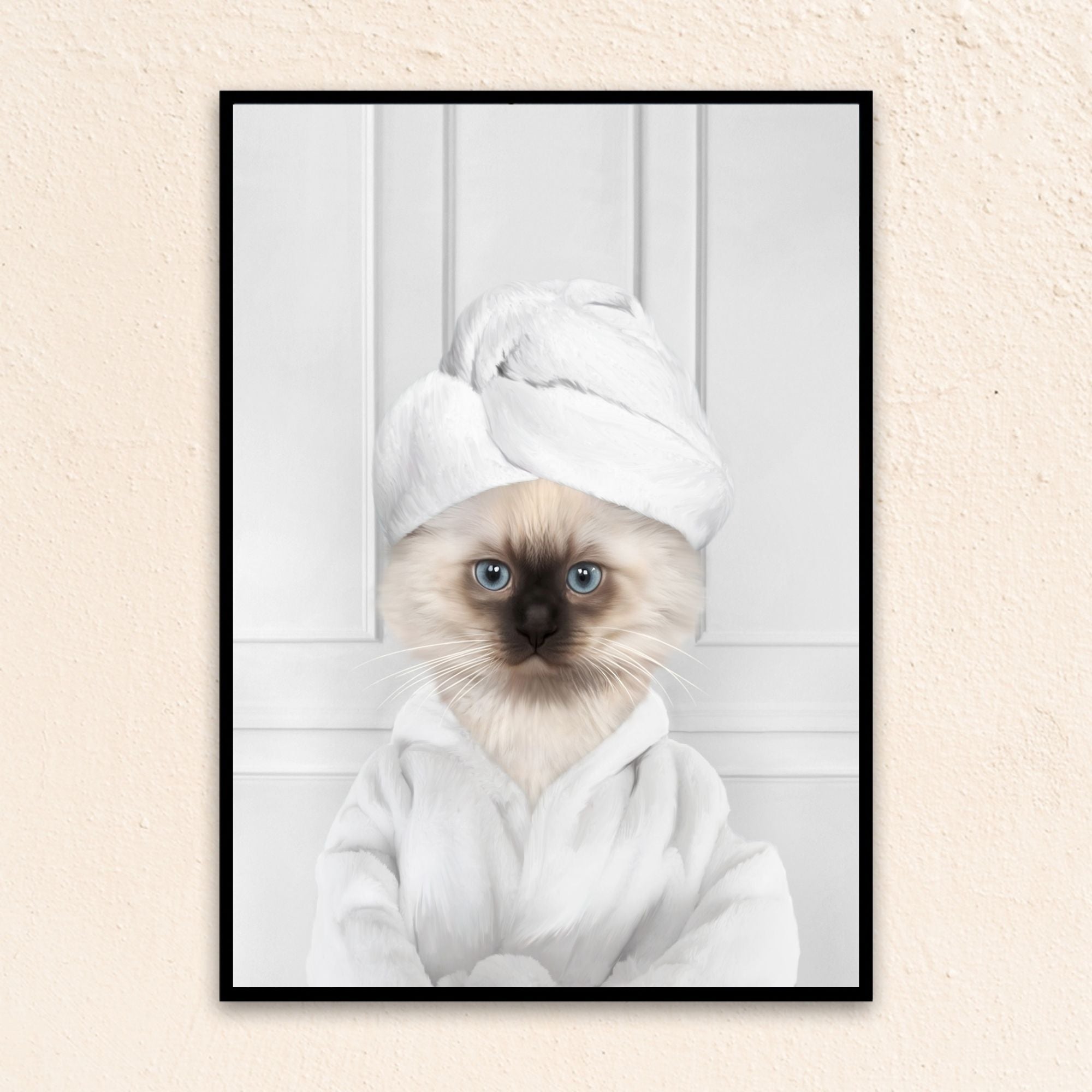 Custom bathroom cat  portrait, Siamese kitten puppy in bathrobe and towel at spa.