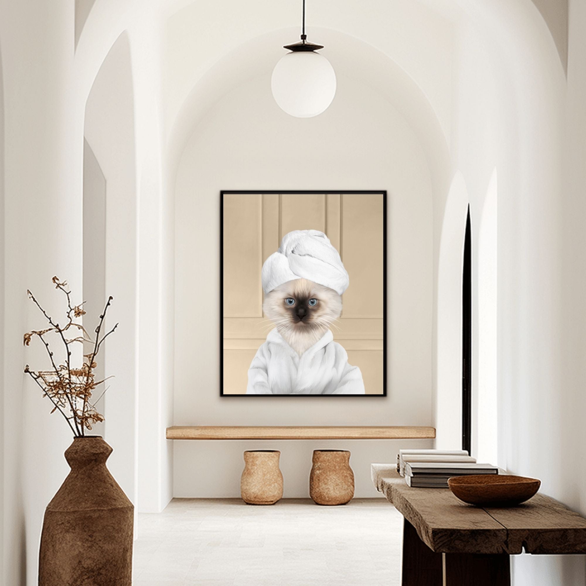 Custom bathroom cat hallway portrait, Siamese kitten puppy in bathrobe and towel at spa.