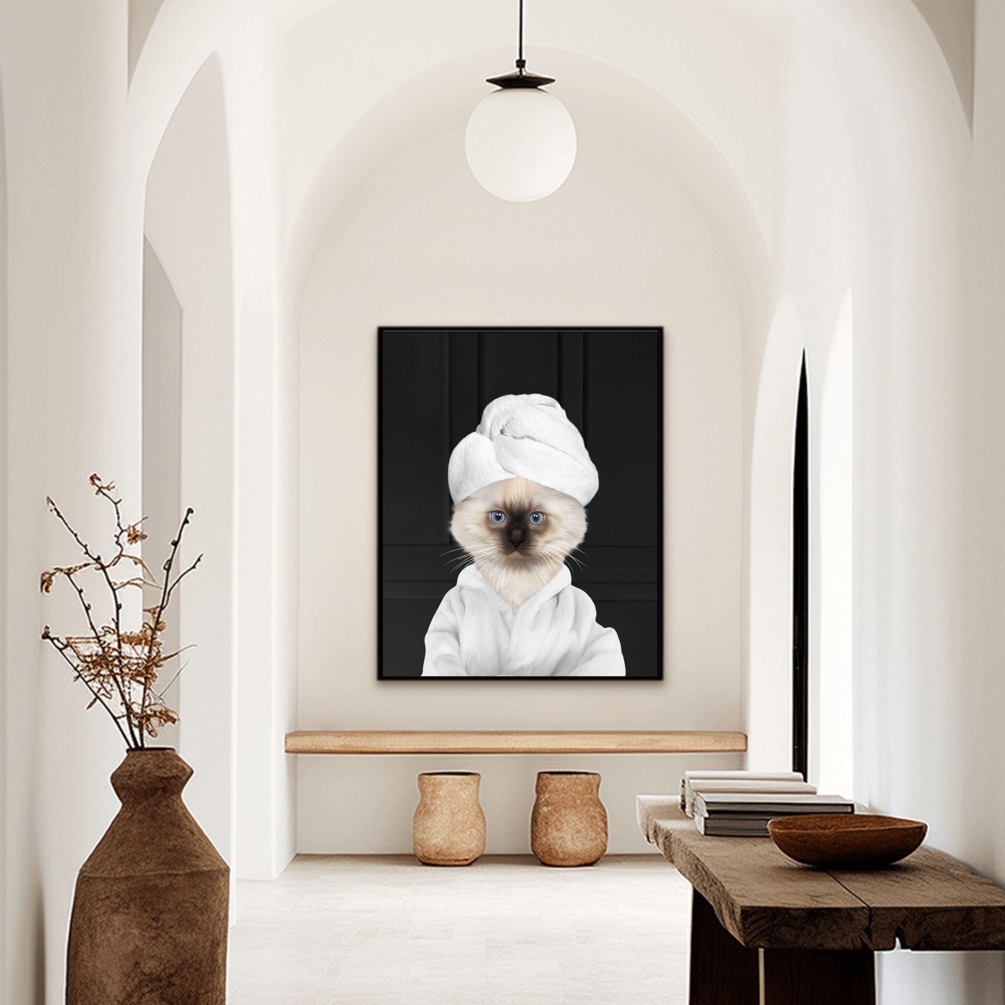 Custom bathroom cat hallway portrait, Siamese kitten puppy in bathrobe and towel at spa.