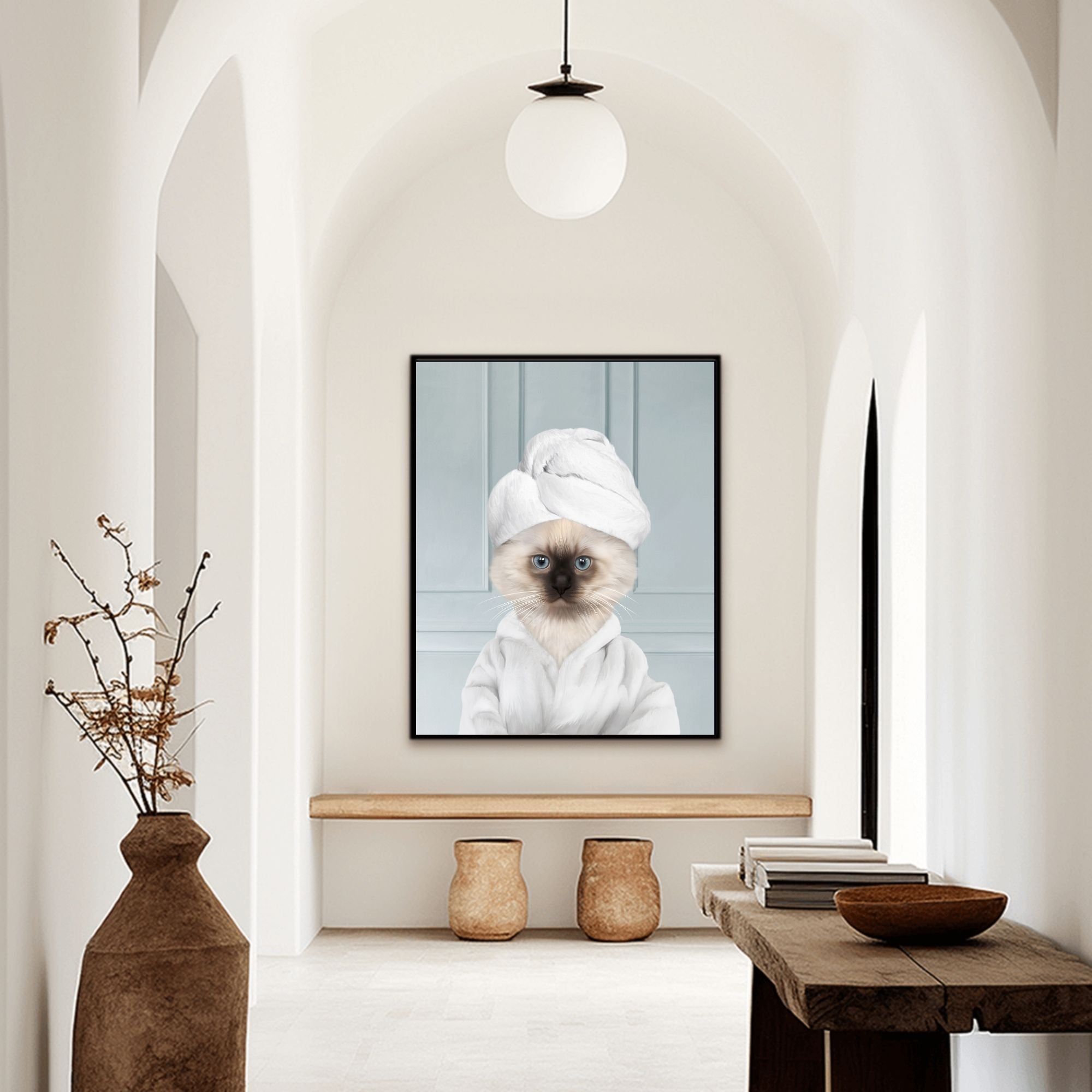 Custom bathroom cat hallway portrait, Siamese kitten puppy in bathrobe and towel at spa.