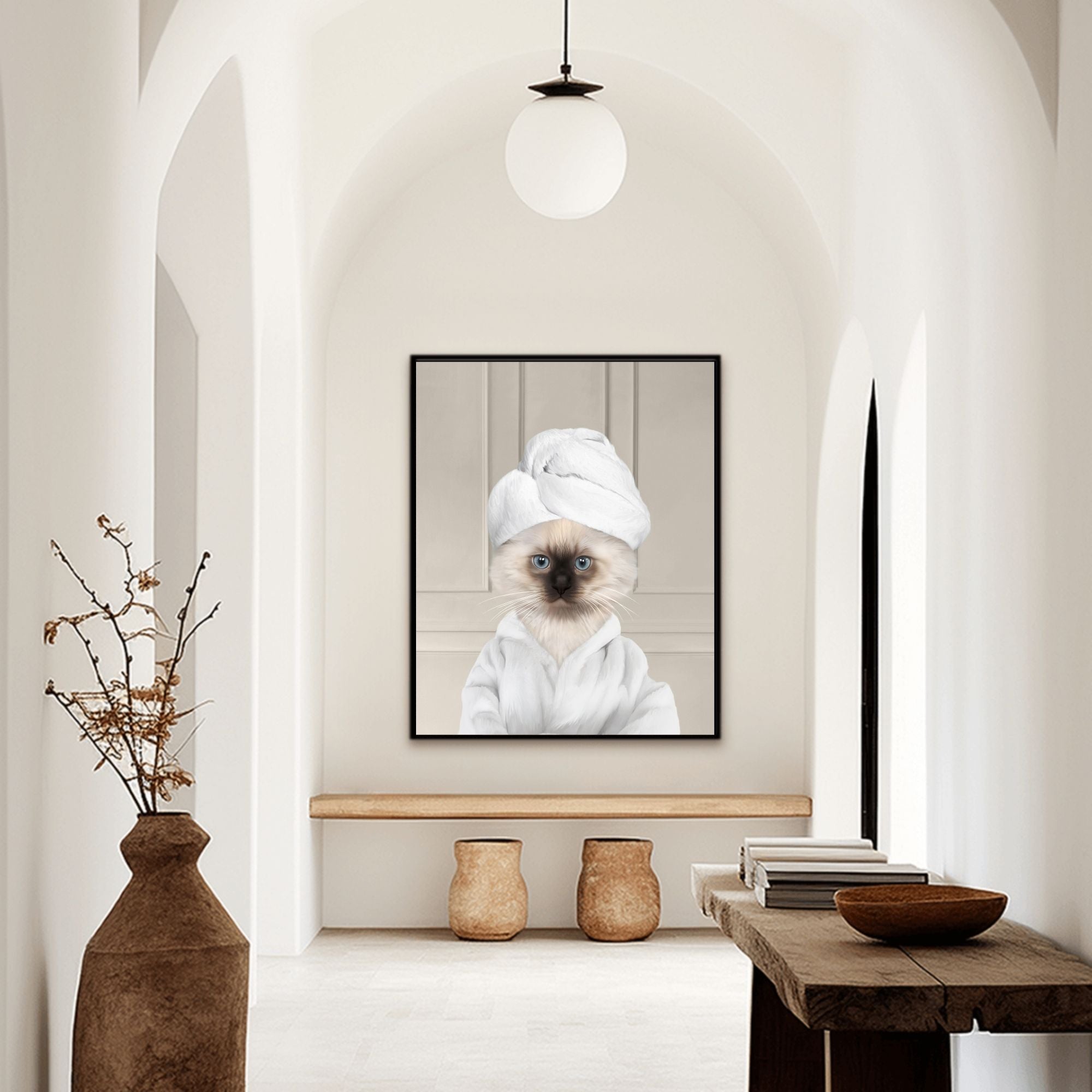 Custom bathroom cat hallway portrait, Siamese kitten puppy in bathrobe and towel at spa.