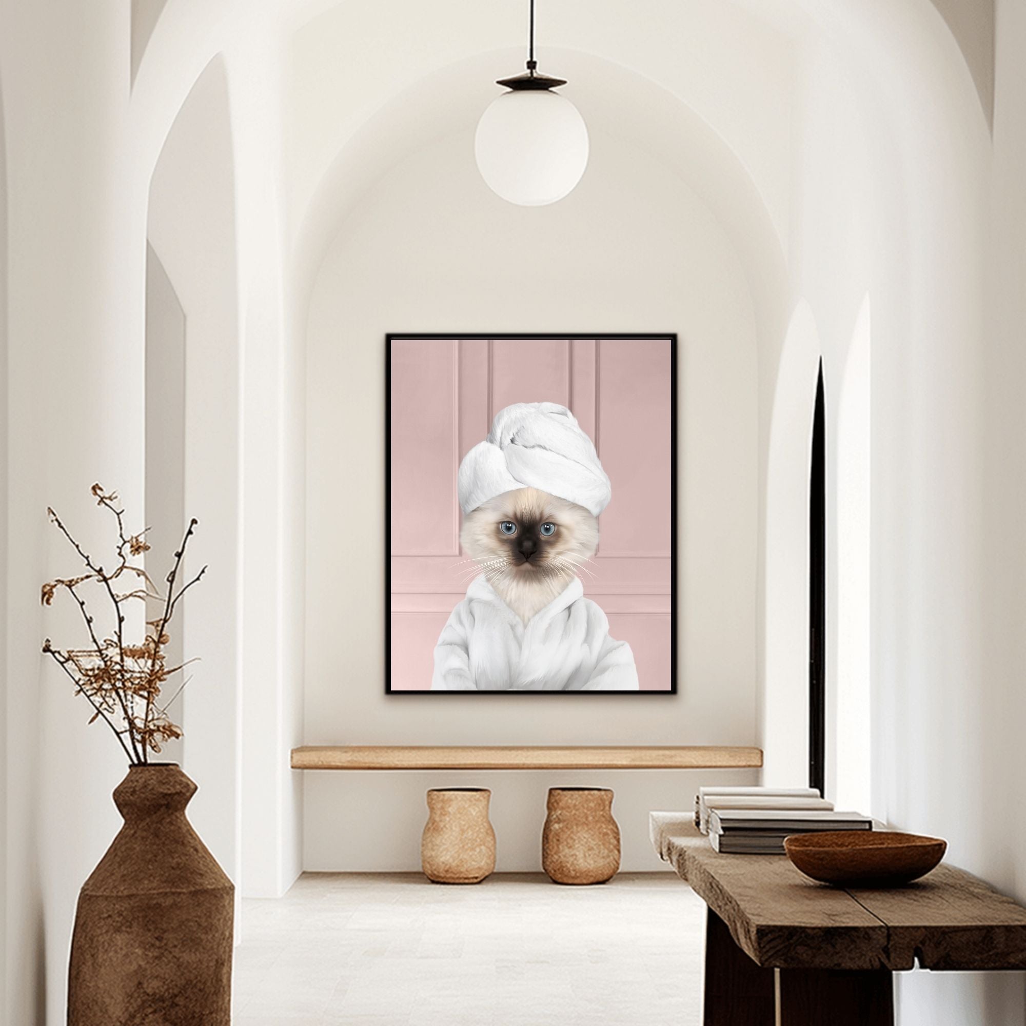 Custom bathroom cat hallway portrait, Siamese kitten puppy in bathrobe and towel at spa.