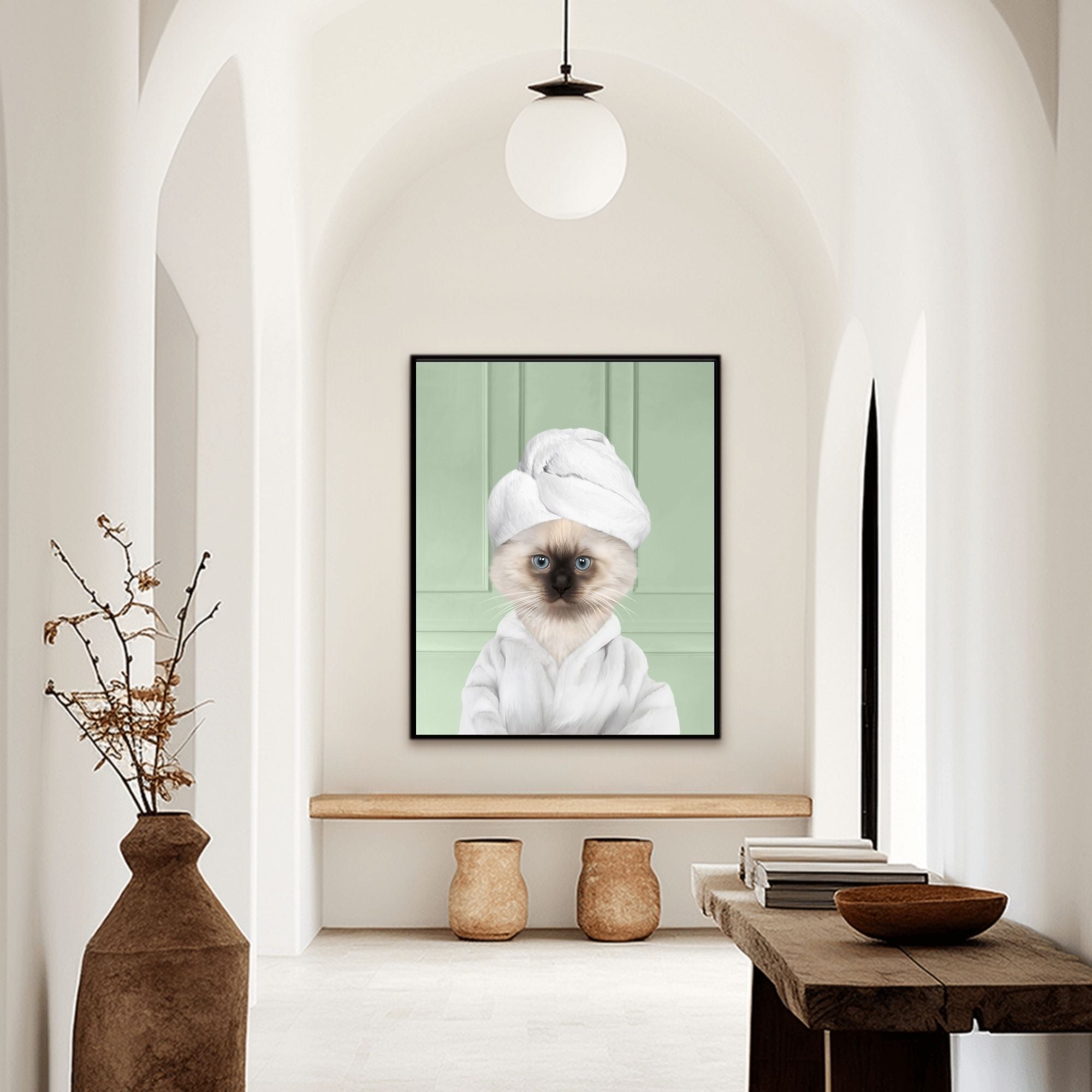 Custom bathroom cat hallway portrait, Siamese kitten puppy in bathrobe and towel at spa.
