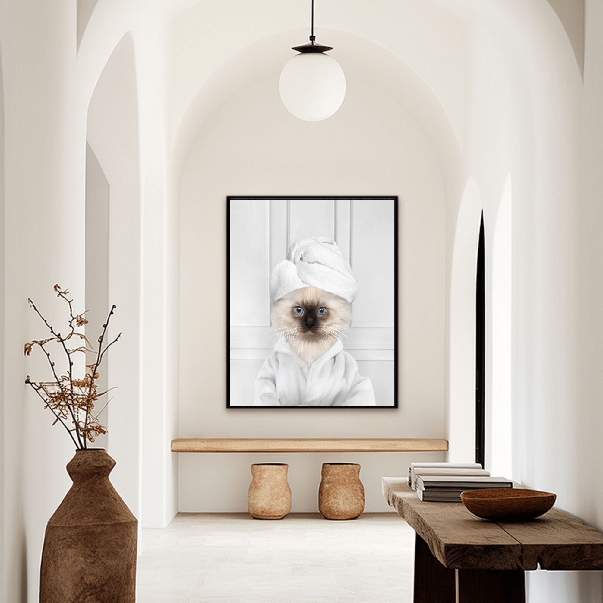 Custom bathroom cat hallway portrait, Siamese kitten puppy in bathrobe and towel at spa.