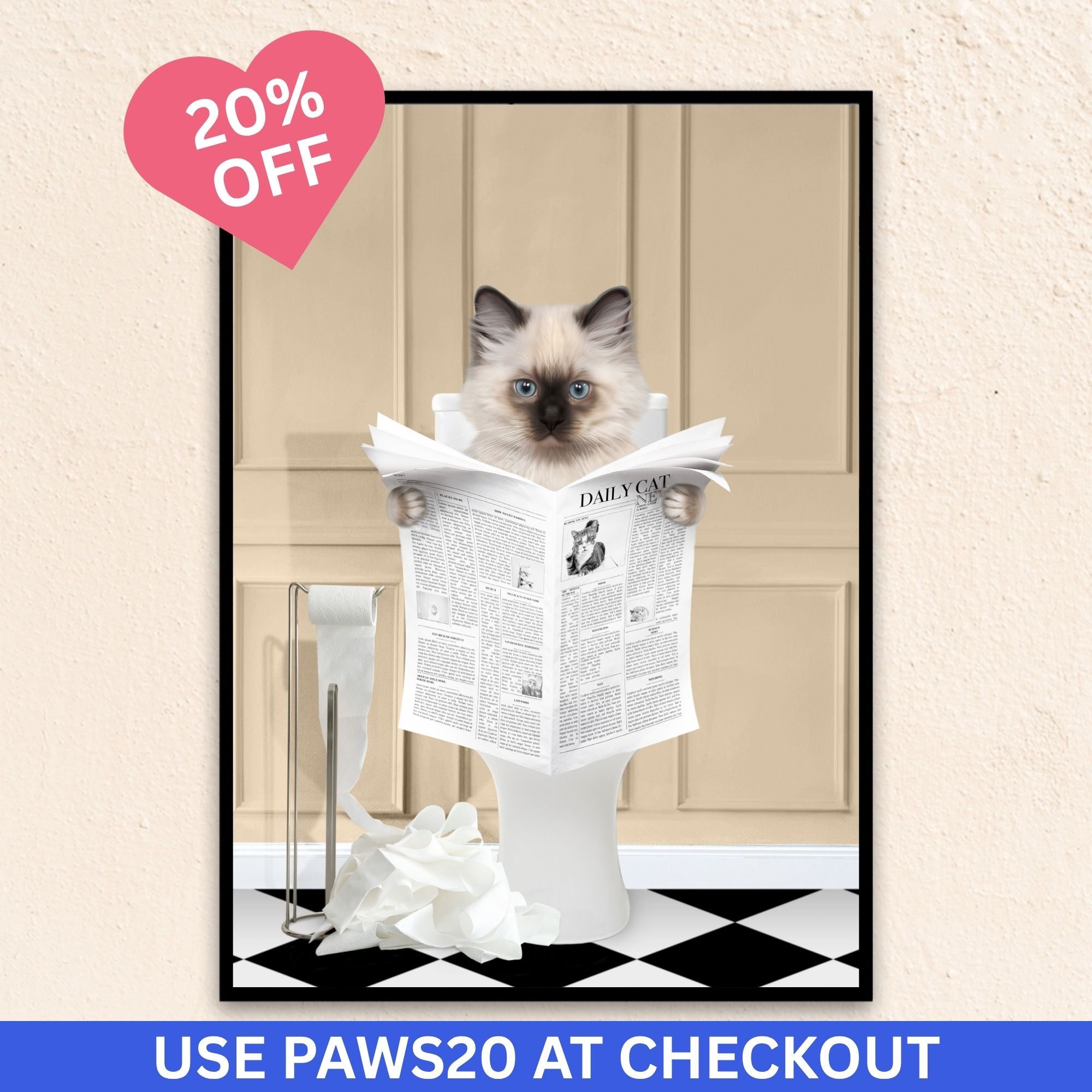 Custom bathroom cat portrait. Siamese kitten holding newspaper on toilet with black and white checker tiled floor.